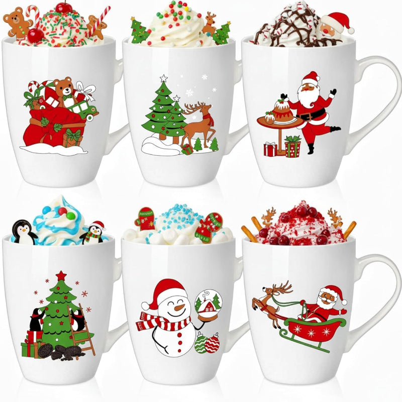 Shellwei 6 Pack Christmas Coffee Mugs 11 oz Holiday Ceramic Mugs Set Xmas Tea Cups with Handles Bulk Reusable Ceramic Coffee Cups for Women Men Teachers Appreciation Christmas Gifts(Funny)