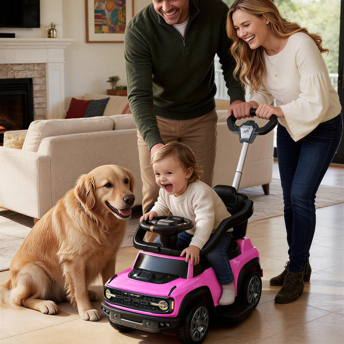 First Ride On Licensed Ford Bronco Raptor 3-in-1 Toddler Push Car, Baby Push Car for Toddlers 1-3, Toddler Ride on Toy for Girl w/Adjustable Handle, Rails, Music and Horn, Stroller Substitute (Pink)