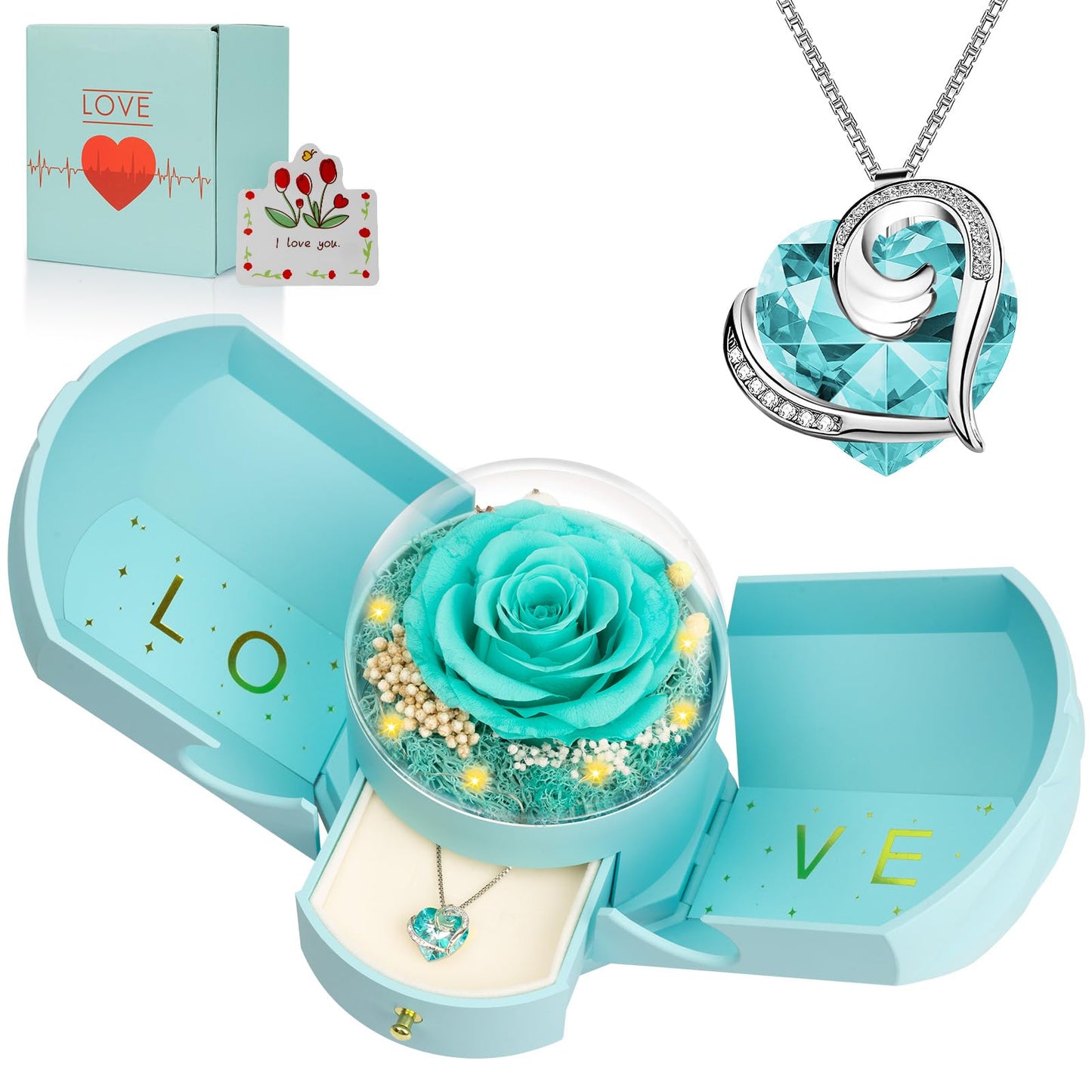 Preserved Real Red Rose with Necklace Forever Flowers Rose Birthday Gifts for Women Her Mom Wife Girlfriend Grandma on Valentines Mothers Day Sweetest Day Christmas Anniversary Romantic-Red