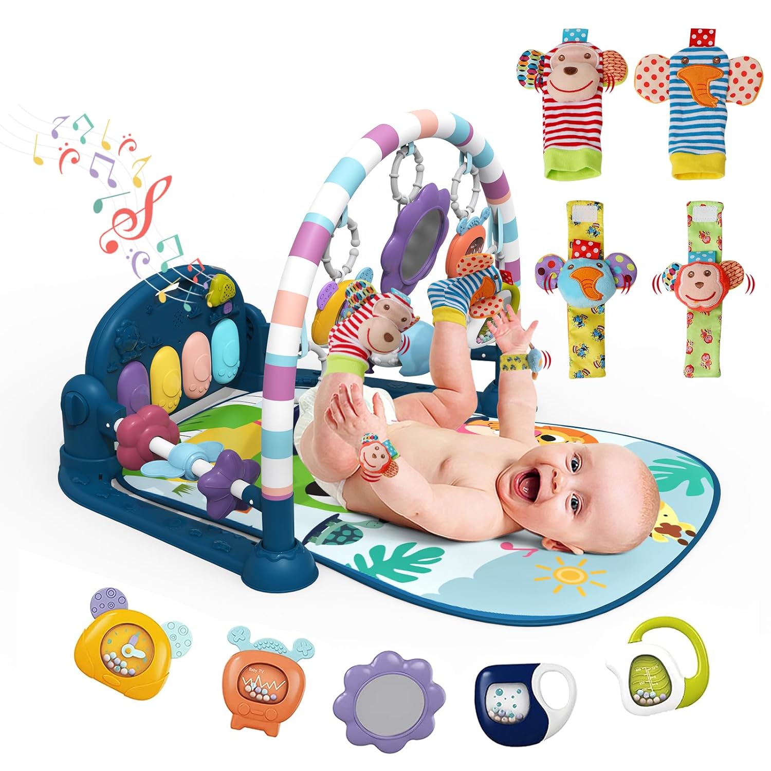 dearlomum Baby Play Mat Gym,Funny Play Piano Interactive Activity Mat & 4 Wrist Rattle Socks, Boy & Girl Gifts for Newborn 0 to 3 6 9 12 Months(Blue)