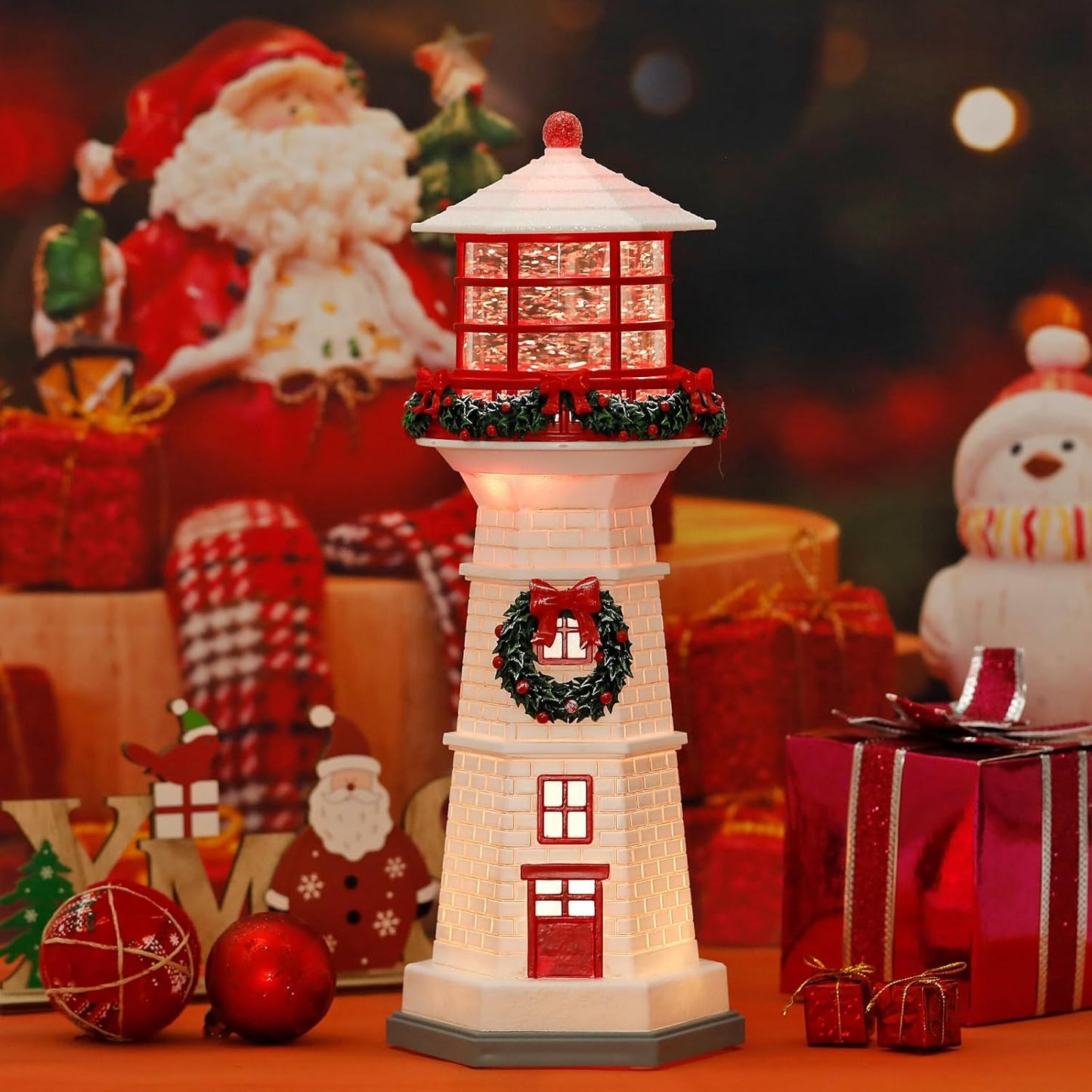 13.6" Lighthouse Snow Globe, Christmas Snow Globes Musical Lighted Glitter, Christmas Decorations USB and Battery Operated Lantern with Music, Xmas Decor for Home,White Roof