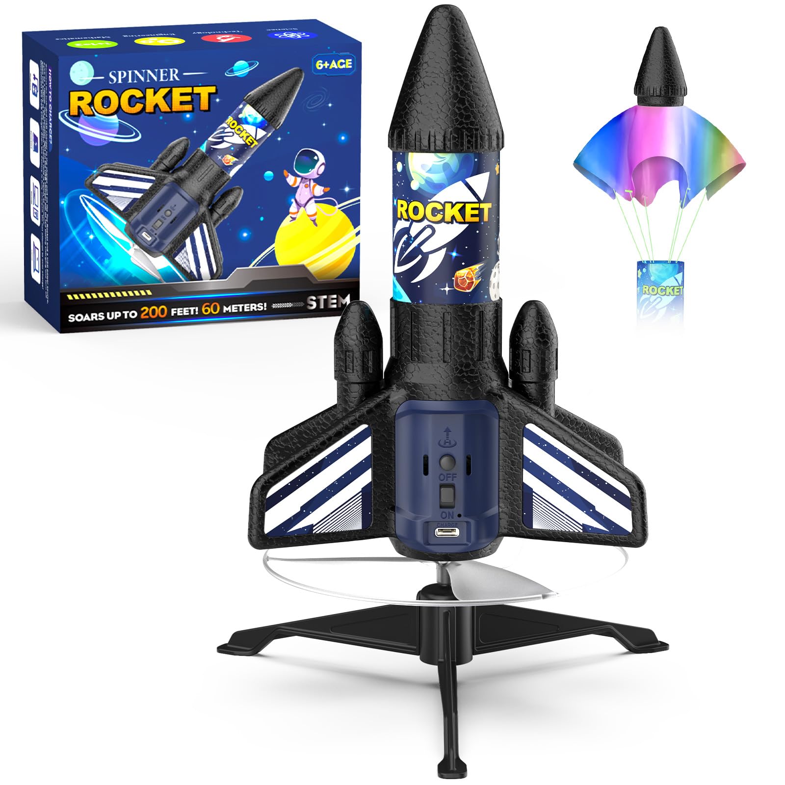 Rocket Launcher for Kids, 200 ft Self Launching Motorized Rocket Toy with LED and Safety Parachute Land, Outdoor Toys Cool Birthday for Boys Ages 8-12 (Orange)