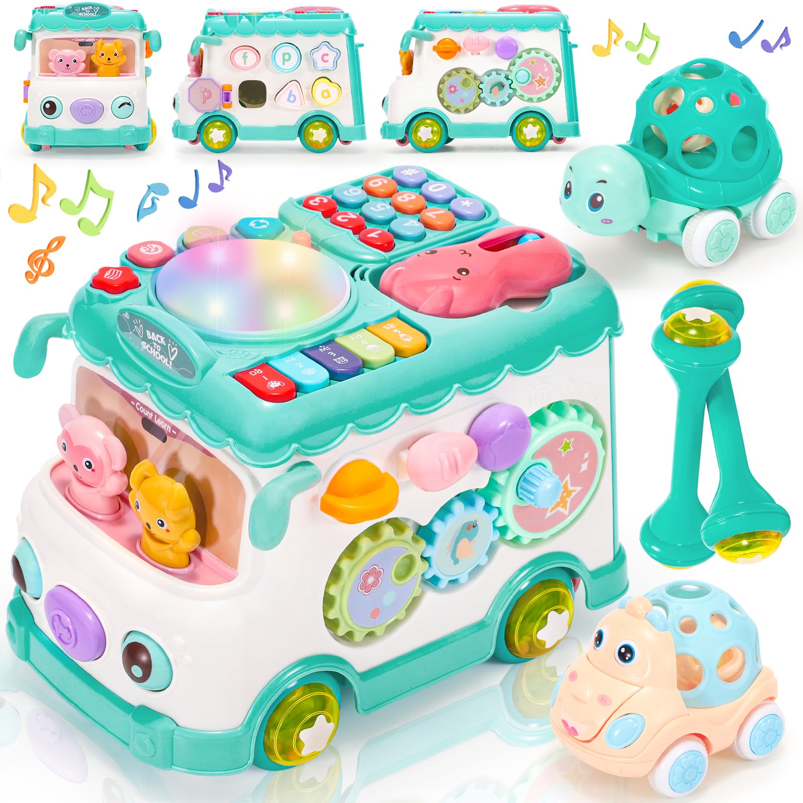 AmiDear Baby Gift for 1-2 Year Old Girl, 10-in-1 Montessori Toys Bus for Baby 6-12-18 Months+, Educational Musical Sensory Learning Toddler Toys Age 1-2, First Christmas and Birthday Gifts Pink