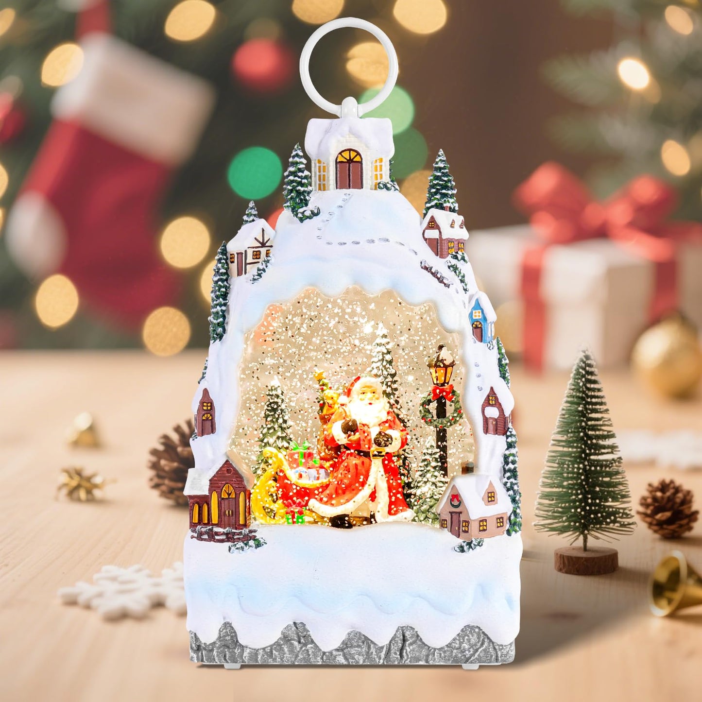 Christmas Snow Globes Dessert Train Water Glittering Lantern with 6H Timer Function Santa Snow Globe Christmas 3 AA Battery Operated for Xmas Festival Decorations Gifts (Dessert Train)