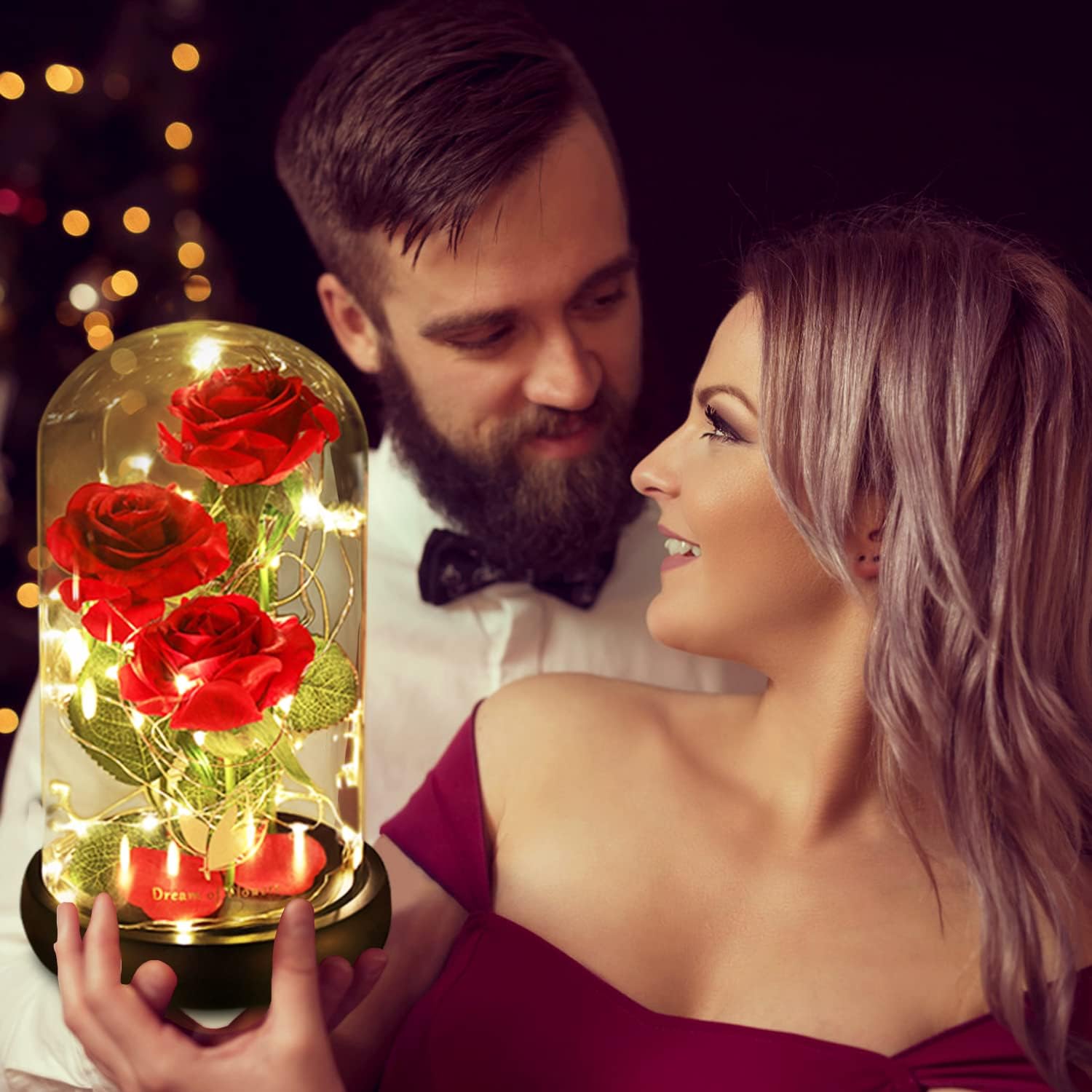 Christmas Flower Gifts for Women,Beauty and The Beast Rose in Glass Dome with 2 Light Modes,Eternal Rose Romantic Xmas Gift for Her,Xmas Birthday Gifts for Women Mom Wife Girlfriend,Silk Red Rose