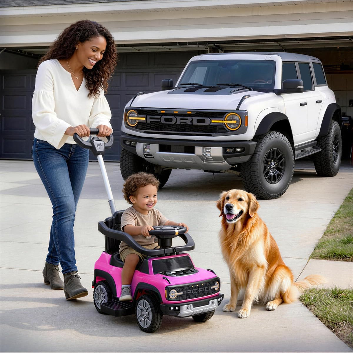 First Ride On Licensed Ford Bronco Raptor 3-in-1 Toddler Push Car, Baby Push Car for Toddlers 1-3, Toddler Ride on Toy for Girl w/Adjustable Handle, Rails, Music and Horn, Stroller Substitute (Pink)