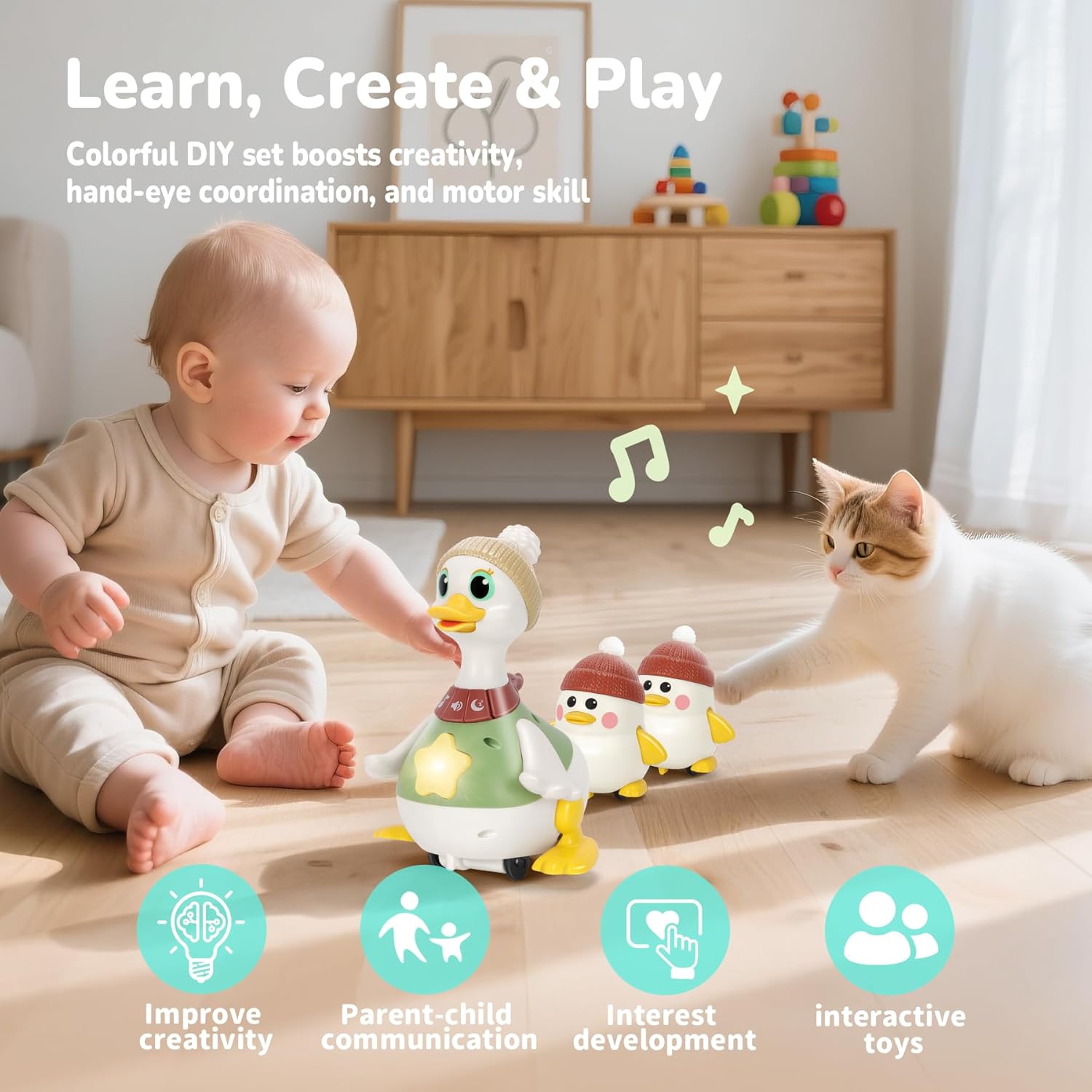 Baby Toys 6 8 10 12 Months, Tummy Time Duck Toy, Musical Dancing Duck Set with Lights & Sounds, Crawling and Interactive Sensory Learning Toy for Infants, Toddlers Gift for 1 Year Old Boy