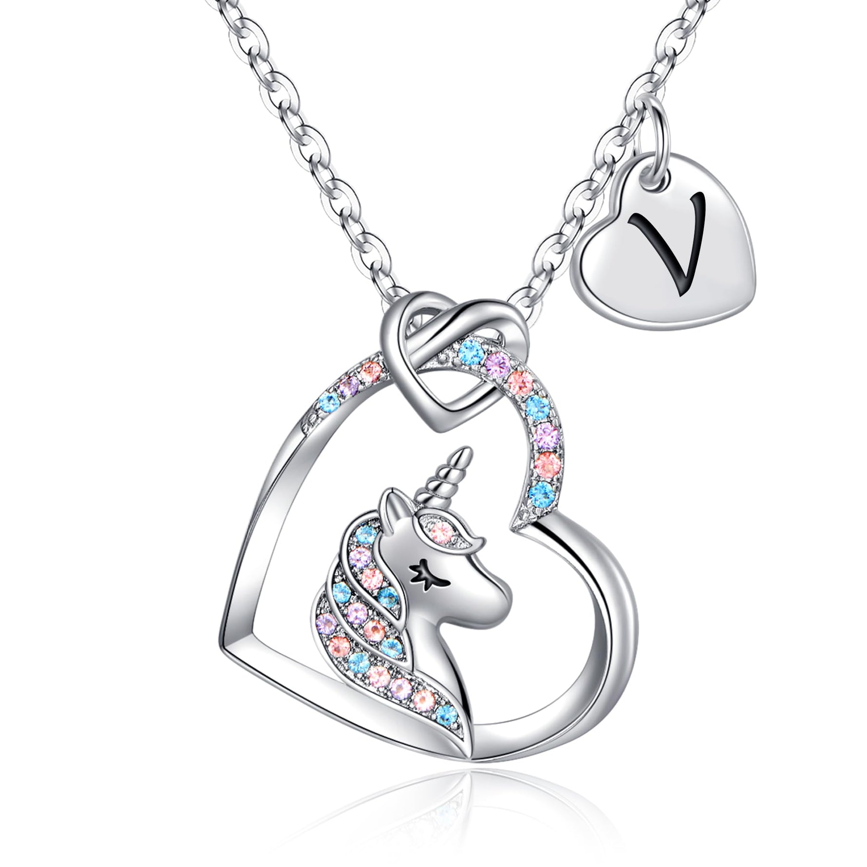 Hidepoo Unicorn Gifts for Girls Necklace - Colorful CZ Heart Pendant Initial Unicorn Necklaces for Girl Kids Litter Girl Unicorns Jewelry Birthday Gifts for Girls Kids