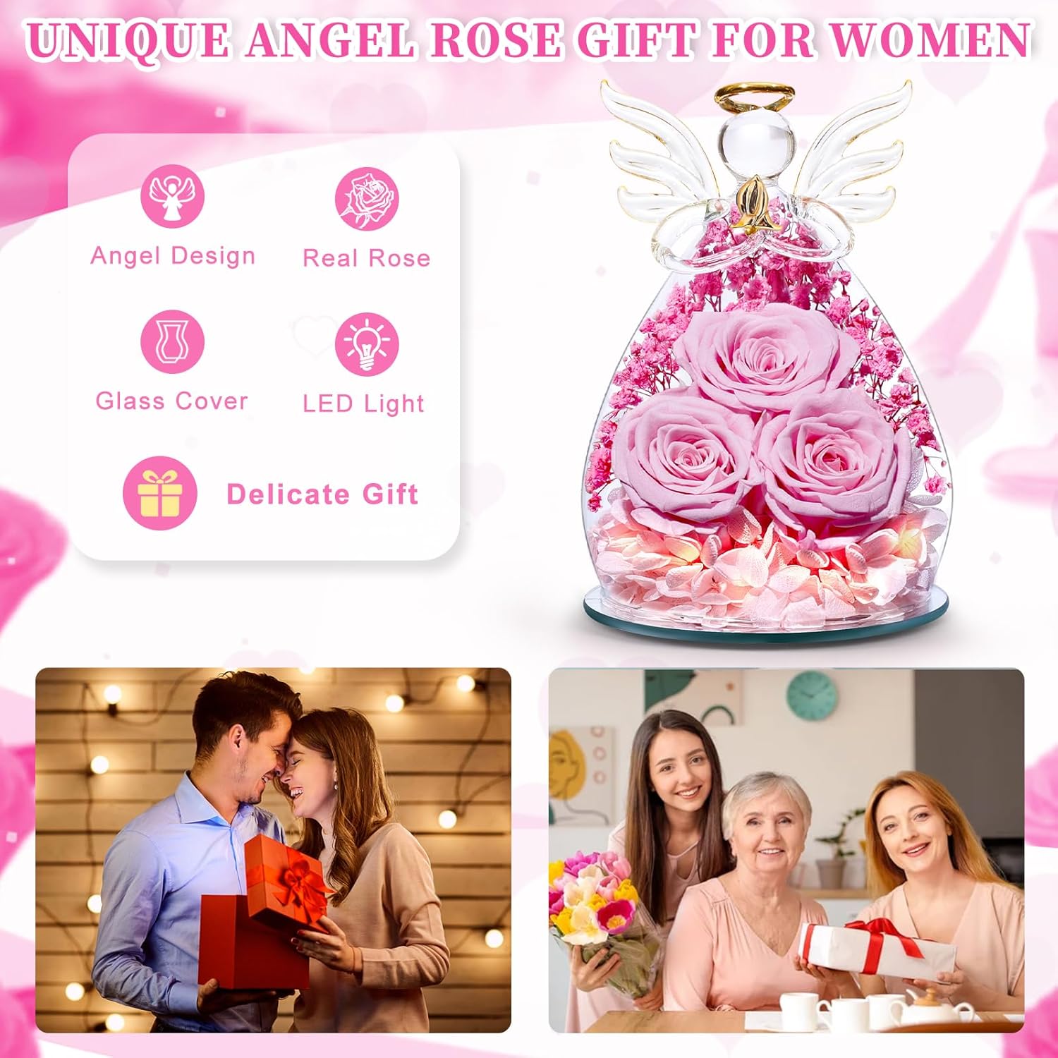 Beferr Valentines Day Rose Gifts for Her Women Mom Gifts for Birthday, Fresh Flowers for Delivery Forever Preserved Rose in Glass Angel Figurine, for Grandma Wife Daughter Girlfriend