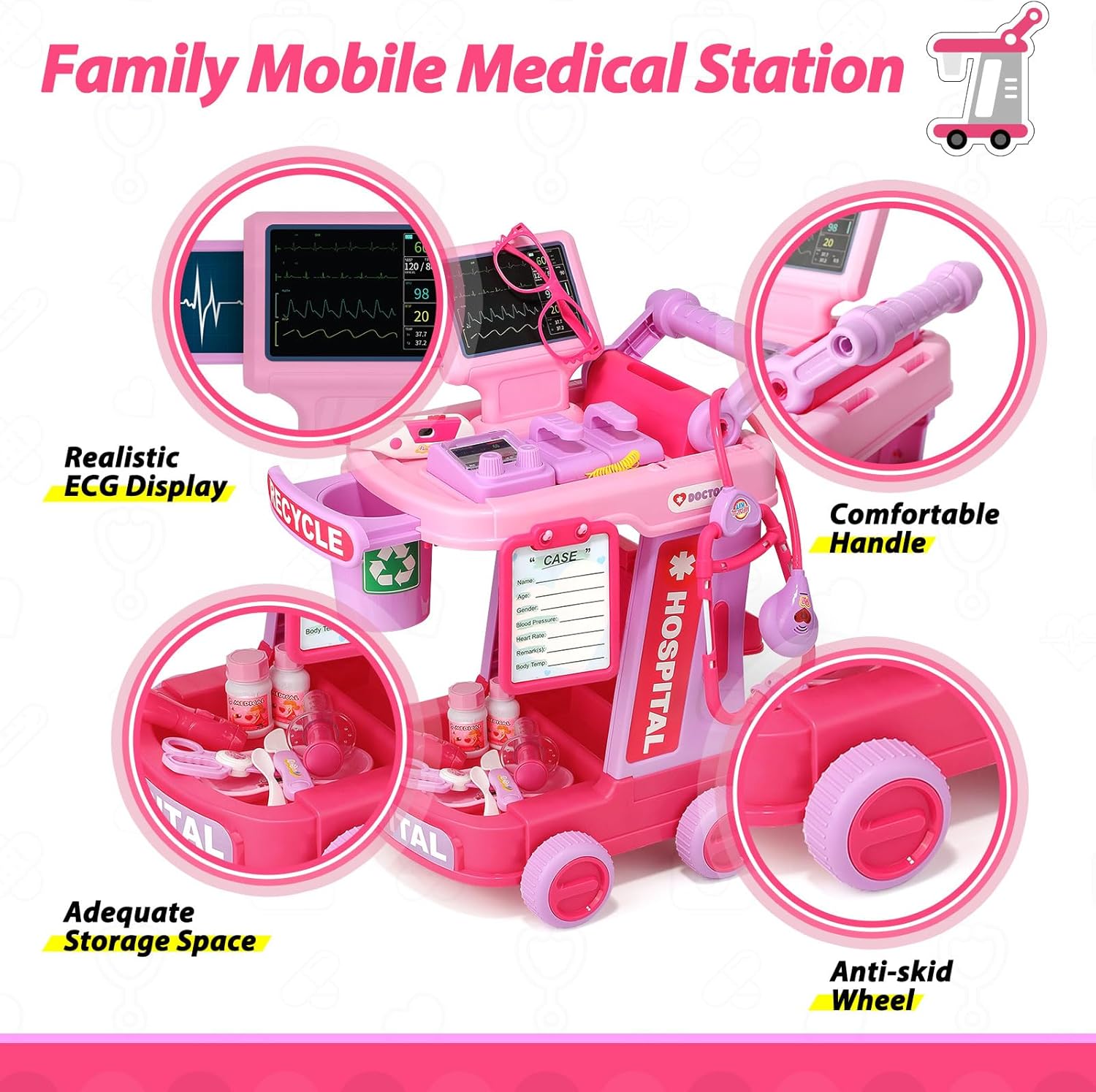 Liberry Doctor Kit for Toddlers Ages 3 4 5, Pretend Kids Doctor Playset with Cart, Costume and Stethoscope, Role Play Medical Toys Birthday Gift for Girls Boys (Pink)