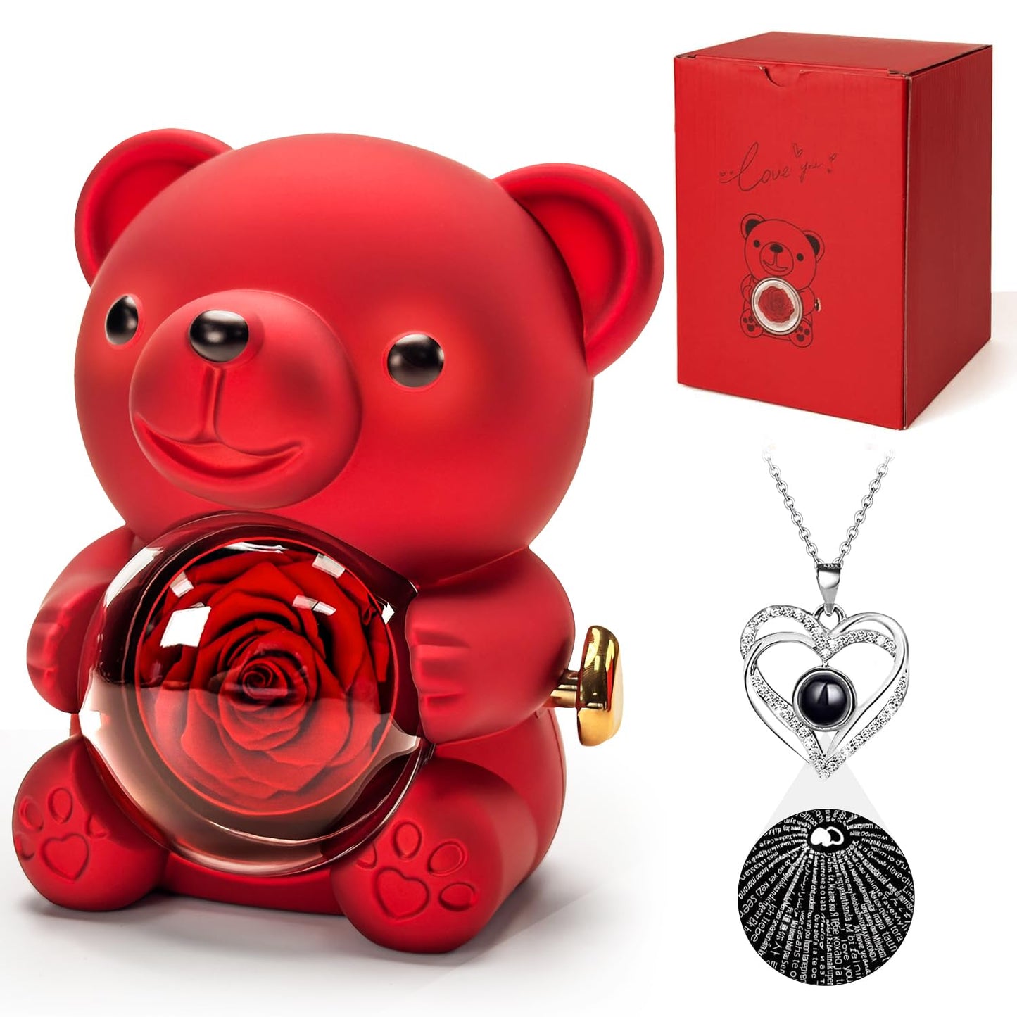 HITOP Rose Gifts for Women - Cute Teddy Bear with Preserved Real Roses Forever Flowers and I Love You in 100 Languages Necklace for Girlfriend Her Wife Mom Grandma on Birthdays, Anniversaries