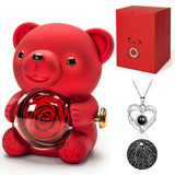 HITOP Rose Gifts for Women - Cute Teddy Bear with Preserved Real Roses Forever Flowers and I Love You in 100 Languages Necklace for Girlfriend Her Wife Mom Grandma on Birthdays, Anniversaries