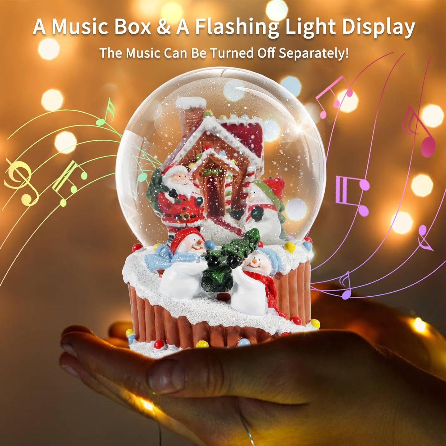 Christmas Snow Globe,Musical Water Globe with 8 Music & Colourful Lights,100mm Holiday Glitter Globe,Christmas Home Decoration,Xmas Gifts for Kids (Gingerbread House)