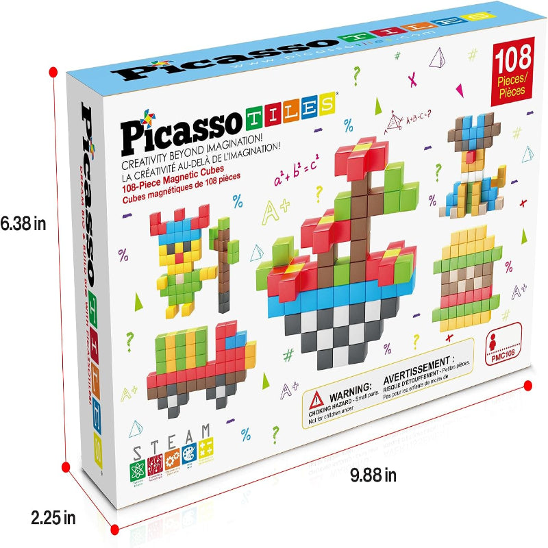 PicassoTiles 108pcs 1” Magnetic Puzzle Cubes Magnet Toys Preschool Construction Building Block Set Sensory Toy Early Education STEM Learning Come with Ideabook for Children Age 3+ Boy Girl PMC108