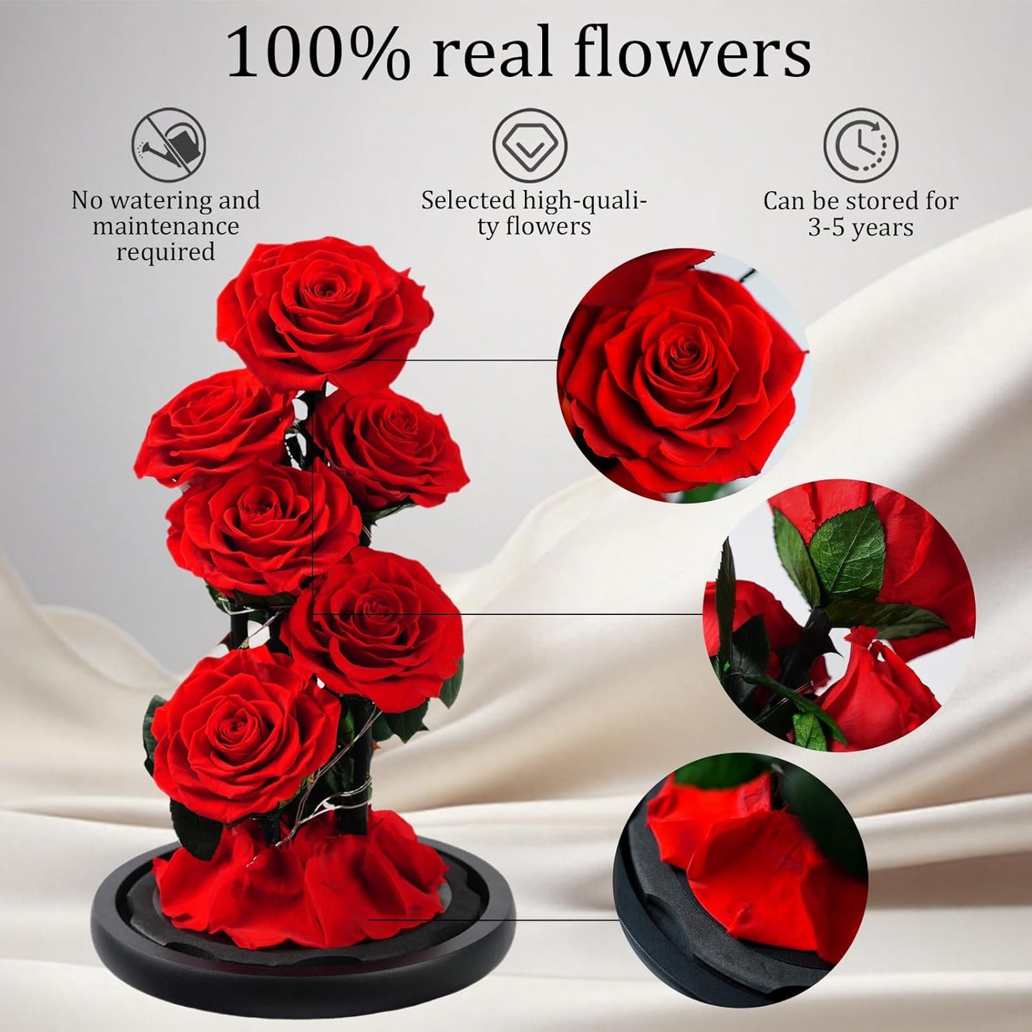 Flowers for Delivery - Forever Flowers Rose in Glass Dome with LED Lights, Large Size Preserved Roses Gifts for Women, Mom, Wife, Friend -Birthday, Anniversary, Valentine's Day Gift (Red Rose)