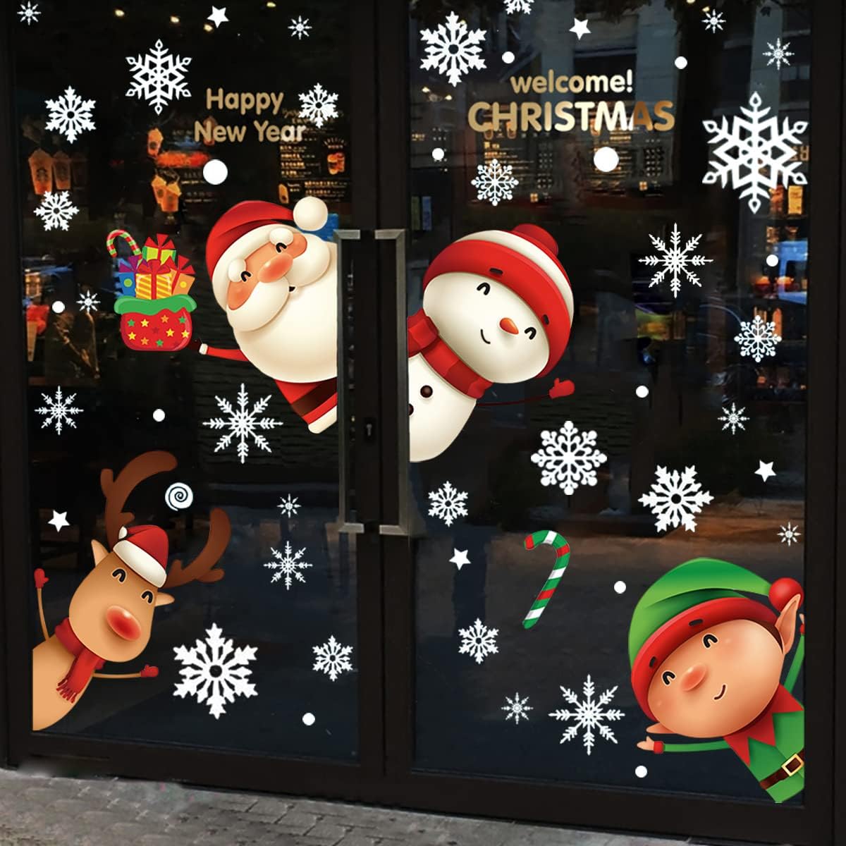 XIMISHOP - 82 calcomanías para ventana con diseño de Navidad, decoración navideña, copos de nieve, Papá Noel, renos, para fiestas