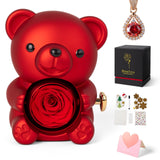 Cute Teddy Bear with Preserved Rose and Necklace, Elegant Bear Roses Gifts with Hidden Jewelry Box for Women, Girlfriend, Wife, Sister, Valentines Day Gift, Forever Eternal Rose Flower Decor