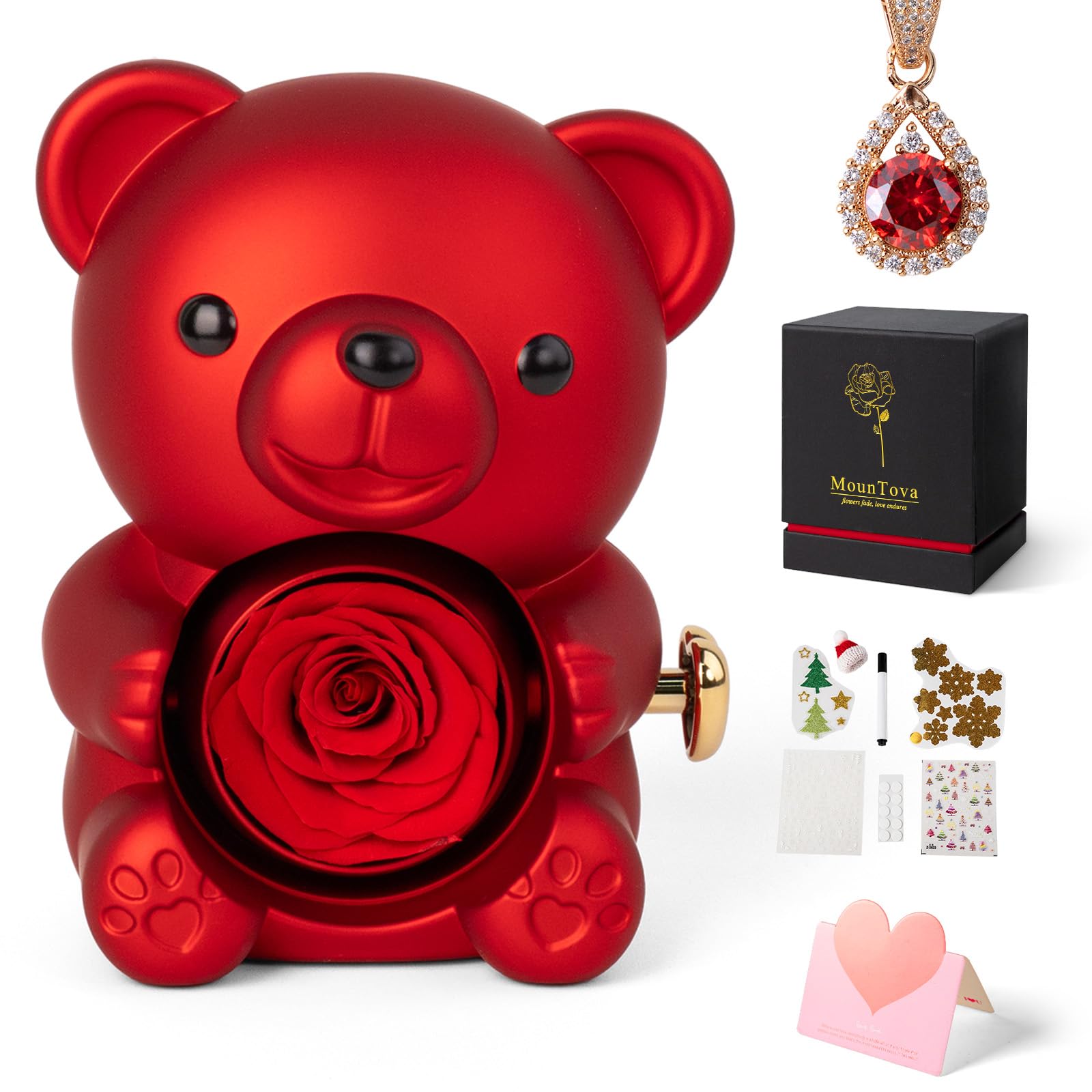 Cute Teddy Bear with Preserved Rose and Necklace, Elegant Bear Roses Gifts with Hidden Jewelry Box for Women, Girlfriend, Wife, Sister, Valentines Day Gift, Forever Eternal Rose Flower Decor