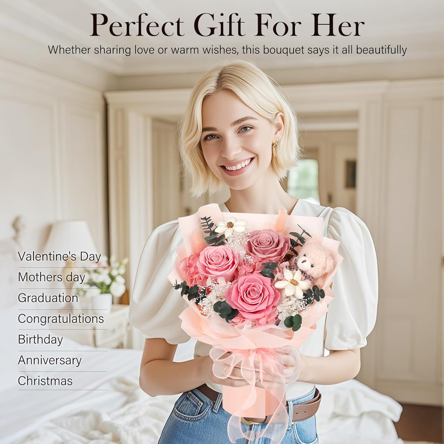 Preserved Flowers Bouquet with Bear, 3 Real Forever Flowers for Delivery, Long-Lasting Pink Eteranl Roses Bouquet, Anniversary Birthday Valentine Gifts for Women Mom Grandma Her Wife Girlfriend