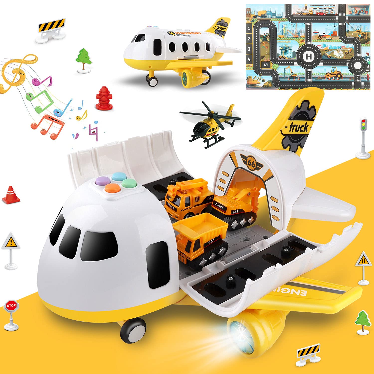 Dwi Dowellin Airplane Toy with Fire Truck Cars and Play Mat,Plane with Lights and Sounds for 3 + Years Old Boys and Girls