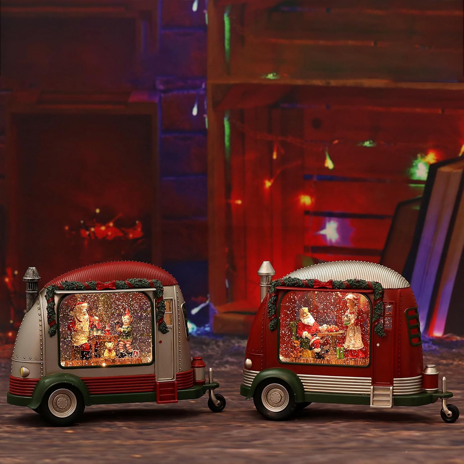 Christmas Snow Globe, RV Santa Claus Couples Scene Snow Globe, Glittering Lantern with Timer, Snow Globe Lantern USB or Battery Powered for Desktop Ornament, Christmas Decoration