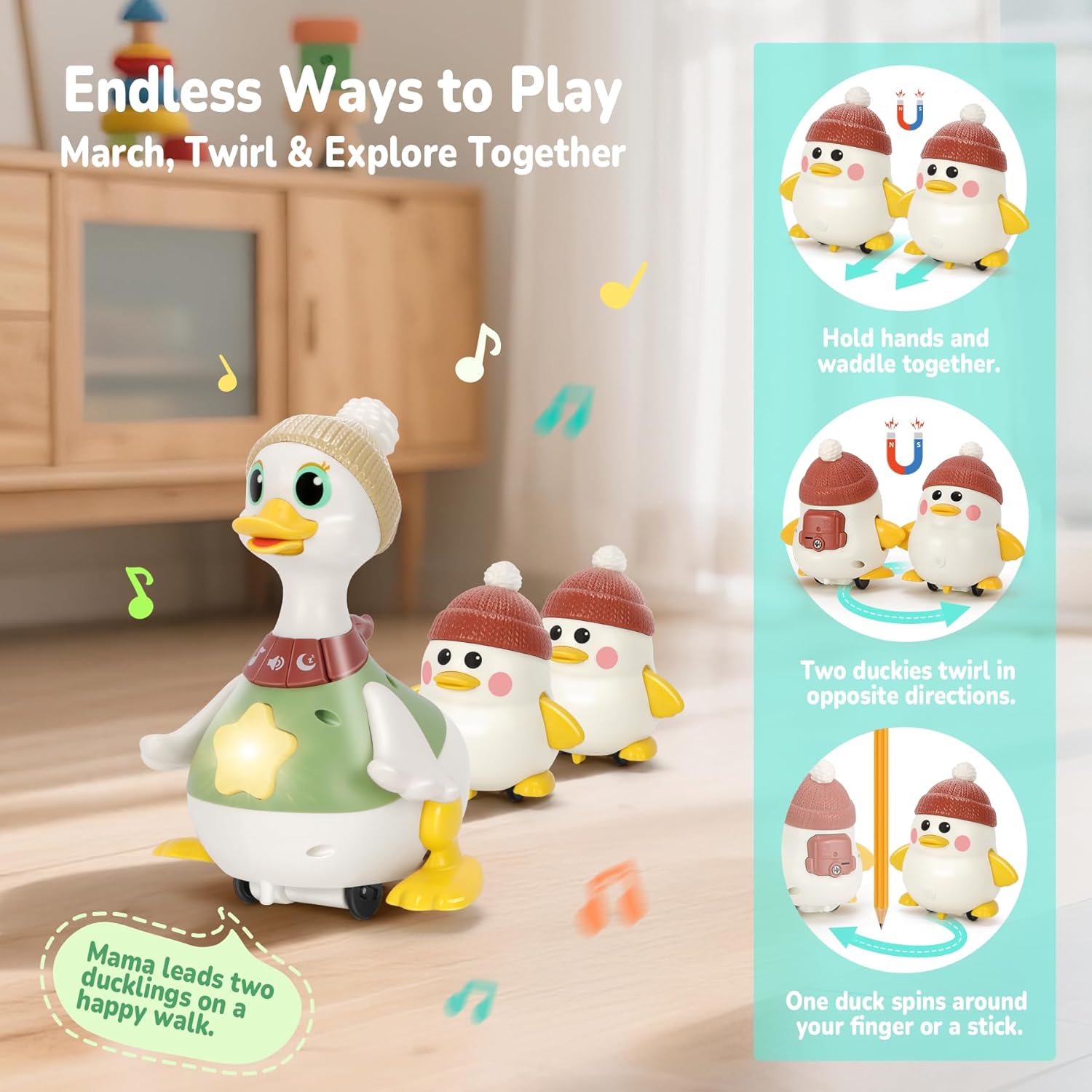 Baby Toys 6 8 10 12 Months, Tummy Time Duck Toy, Musical Dancing Duck Set with Lights & Sounds, Crawling and Interactive Sensory Learning Toy for Infants, Toddlers Gift for 1 Year Old Boy