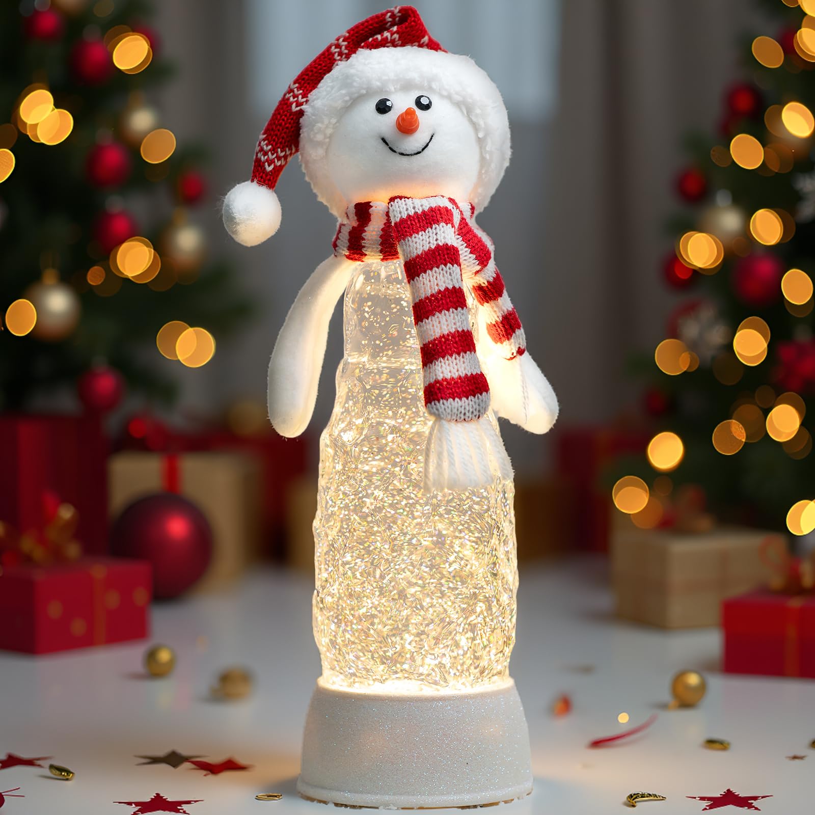 Christmas Snow Water Lantern Glittering Snowman and Pup in Red Truck with Christmas Tree, USB Lined/Battery Operated Lighted Spinning Lantern for Christmas Festival Decoration Gifts