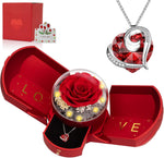 Preserved Real Red Rose with Necklace Forever Flowers Rose Birthday Gifts for Women Her Mom Wife Girlfriend Grandma on Valentines Mothers Day Sweetest Day Christmas Anniversary Romantic-Red