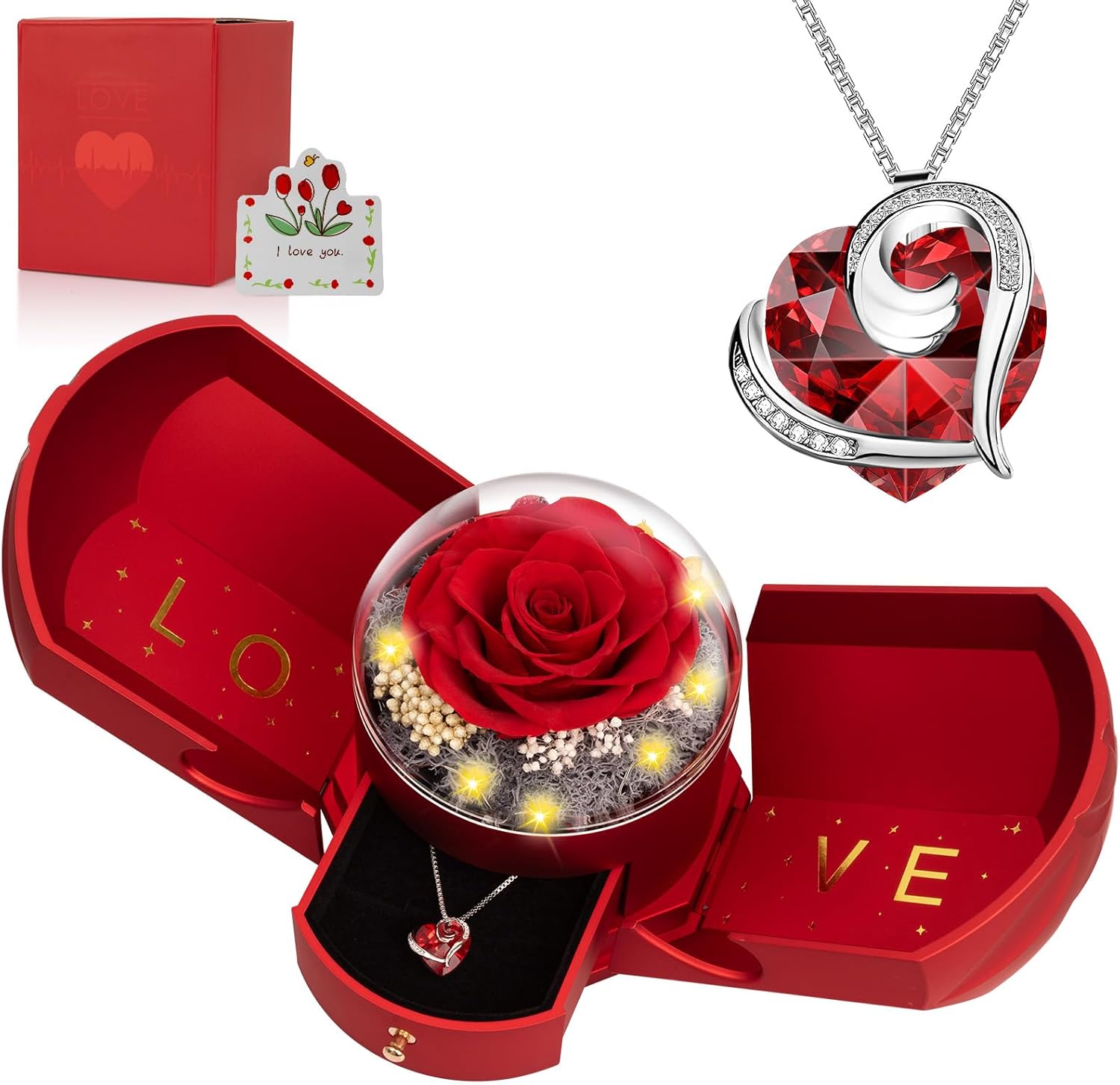 Preserved Real Red Rose with Necklace Forever Flowers Rose Birthday Gifts for Women Her Mom Wife Girlfriend Grandma on Valentines Mothers Day Sweetest Day Christmas Anniversary Romantic-Red