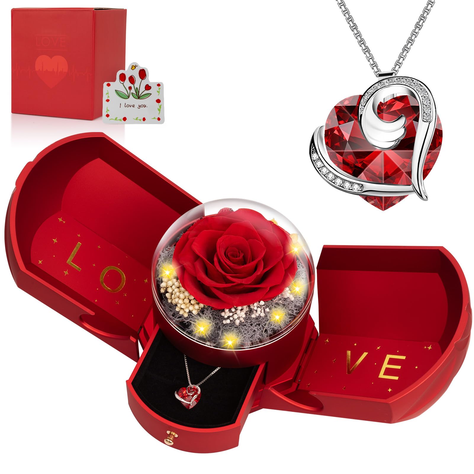 Preserved Real Red Rose with Necklace Forever Flowers Rose Birthday Gifts for Women Her Mom Wife Girlfriend Grandma on Valentines Mothers Day Sweetest Day Christmas Anniversary Romantic-Red