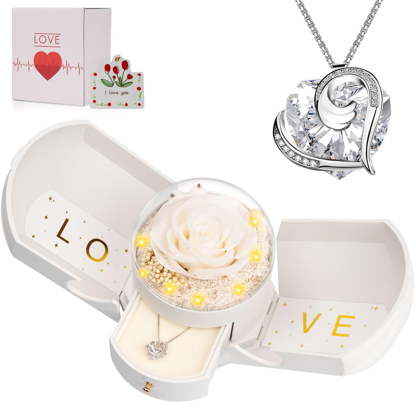 Preserved Real Red Rose with Necklace Forever Flowers Rose Birthday Gifts for Women Her Mom Wife Girlfriend Grandma on Valentines Mothers Day Sweetest Day Christmas Anniversary Romantic-Red