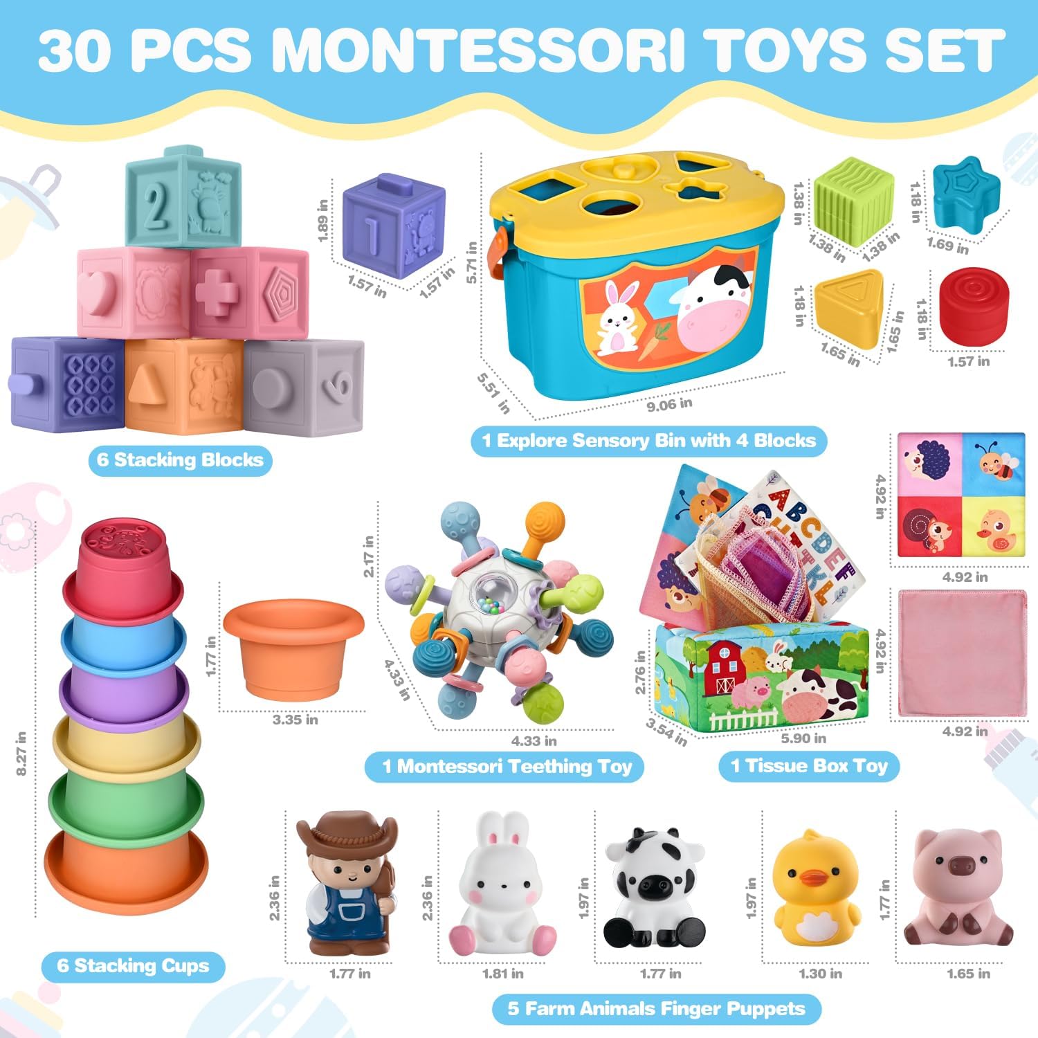 Baby Toys 6-12 Months, 6 in 1 Montessori Toys for 1 Year Old, Soft Infant Sensory Teething Toy, Stacking Cups & Blocks, Shape Sorter Blocks, Finger Puppets, Tissue Box Toy for Toddler 0-3-6-9-12 M+