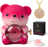 Cute Teddy Bear with Preserved Rose and Necklace, Elegant Bear Roses Gifts with Hidden Jewelry Box for Women, Girlfriend, Wife, Sister, Valentines Day Gift, Forever Eternal Rose Flower Decor
