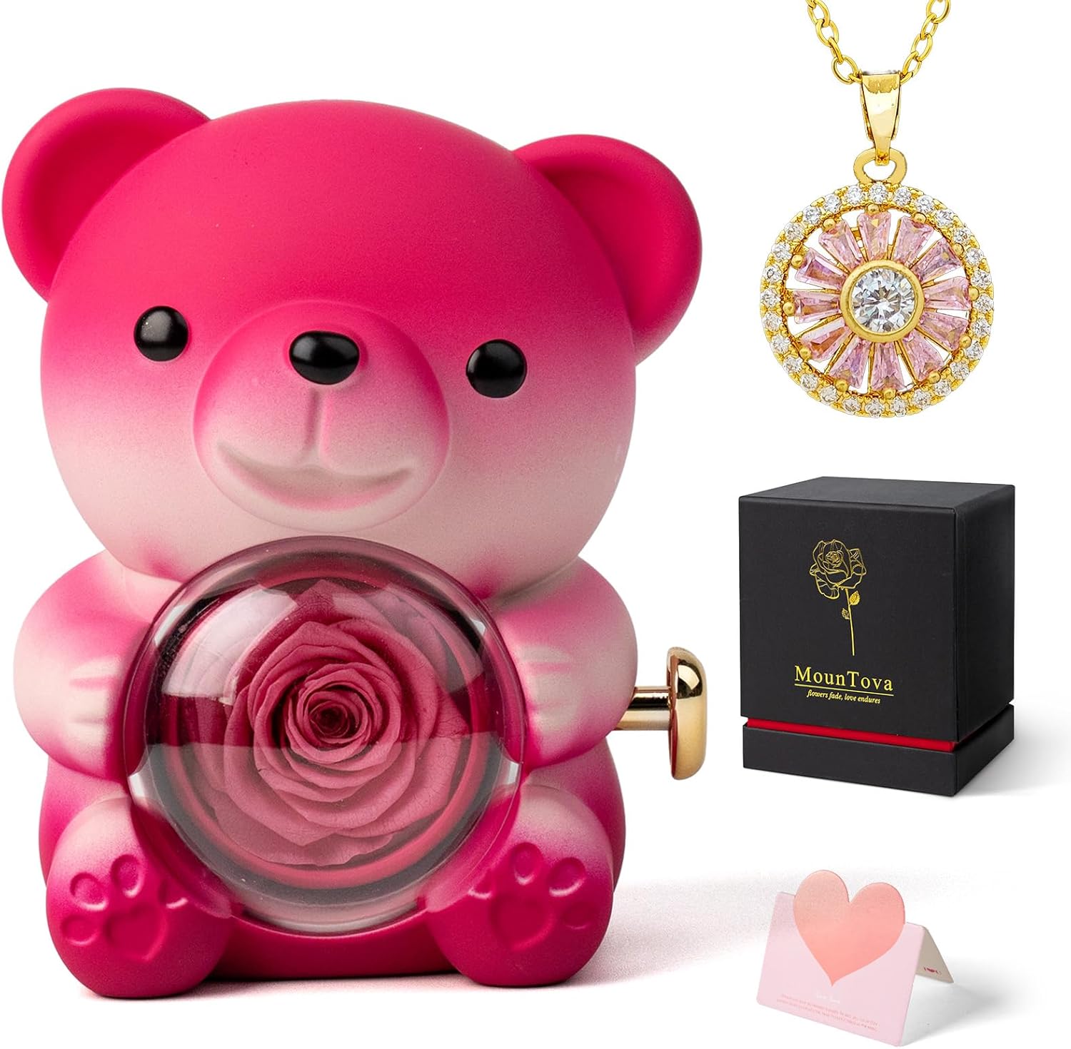 Cute Teddy Bear with Preserved Rose and Necklace, Elegant Bear Roses Gifts with Hidden Jewelry Box for Women, Girlfriend, Wife, Sister, Valentines Day Gift, Forever Eternal Rose Flower Decor