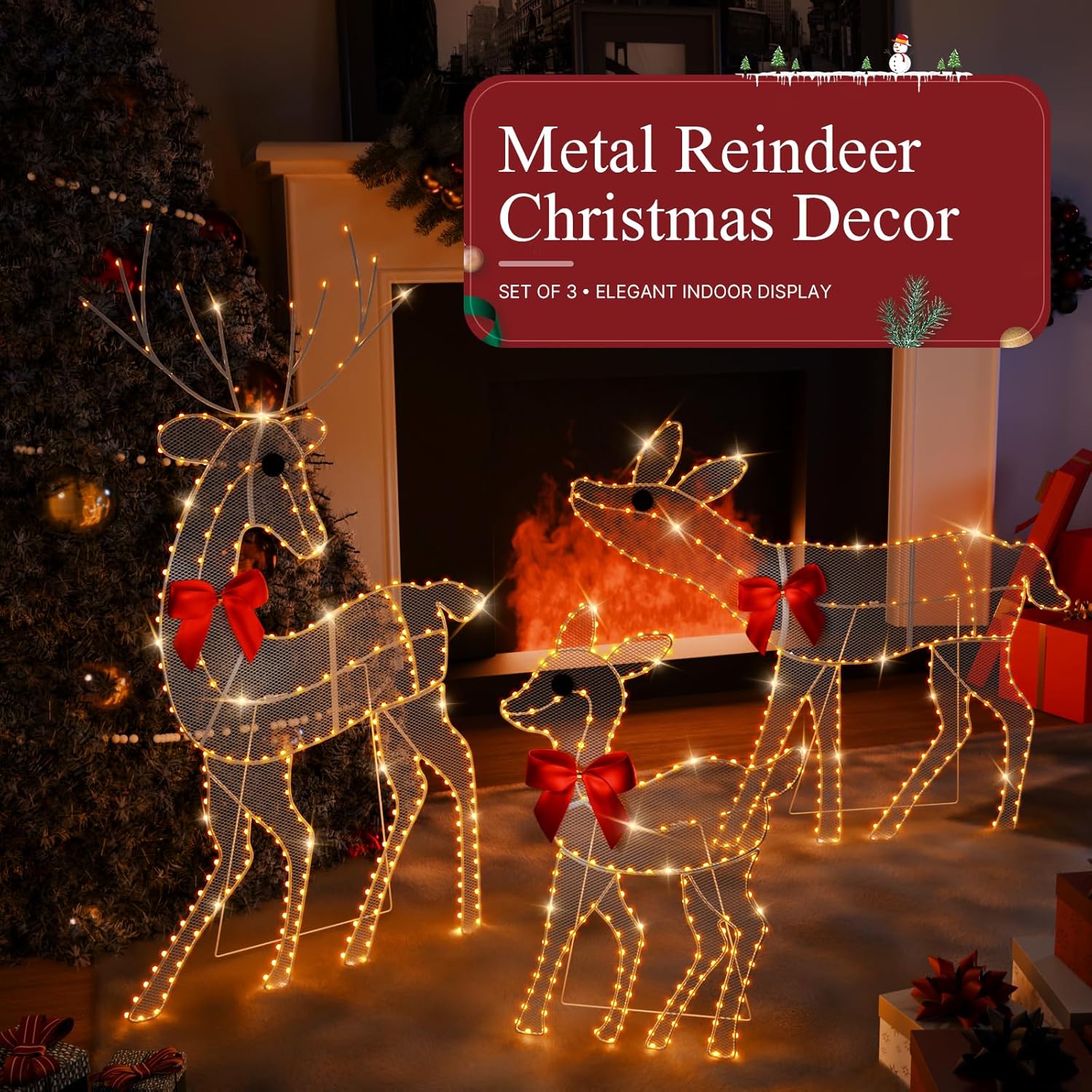 [Decoraciones navideñas de renos de 3 piezas para exteriores] Familia de ciervos iluminados en 2D con 260 luces LED. Decoración duradera para patio, césped, jardín, color blanco