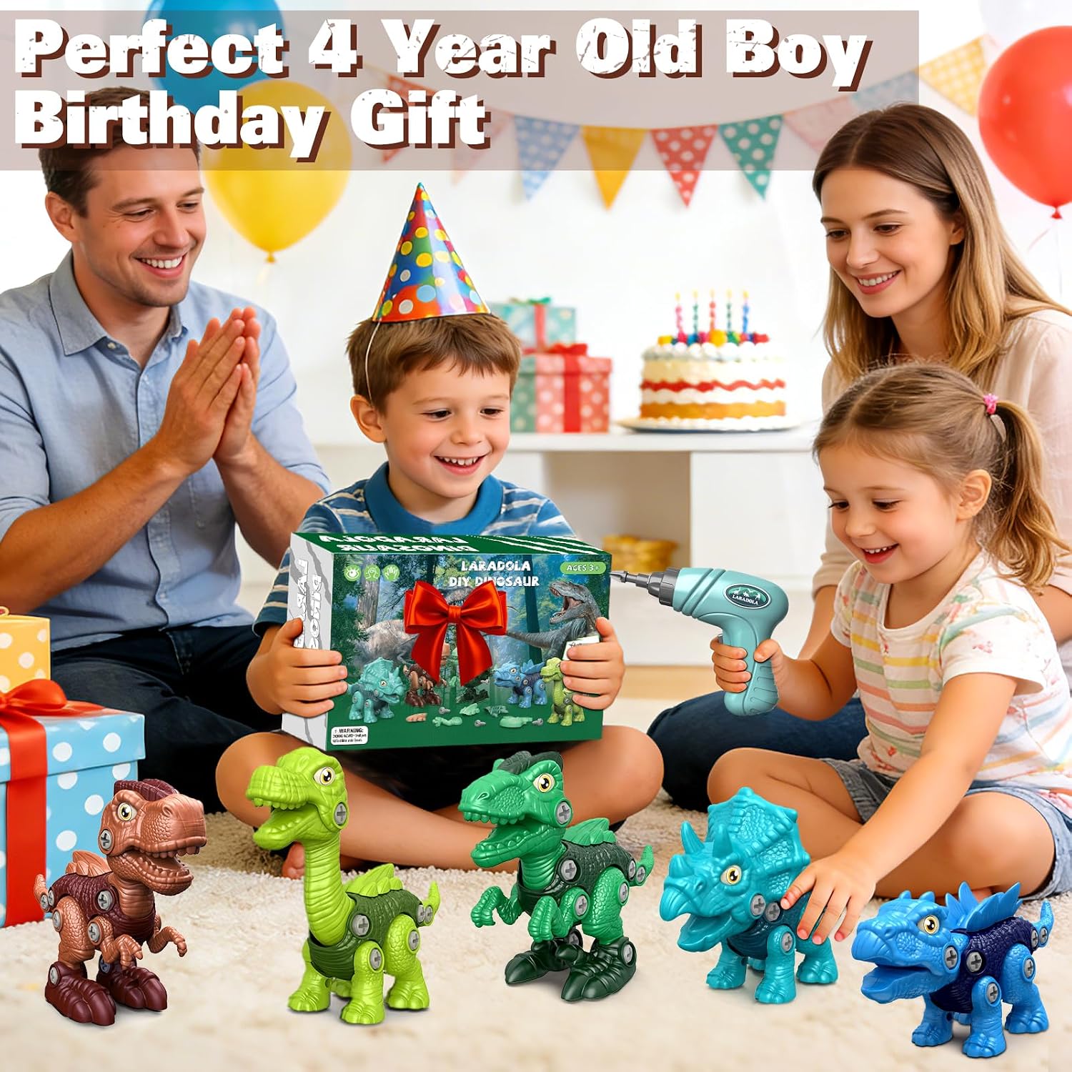 Laradola Assemble Dinosaur Toys for Kids: 5 Pack Dinosaur Construction Building Set with Electric Toy Drill & Wheels - STEM Educational Hands-On Play Birthday Gift for Boys Girls Ages 3-5 5-7
