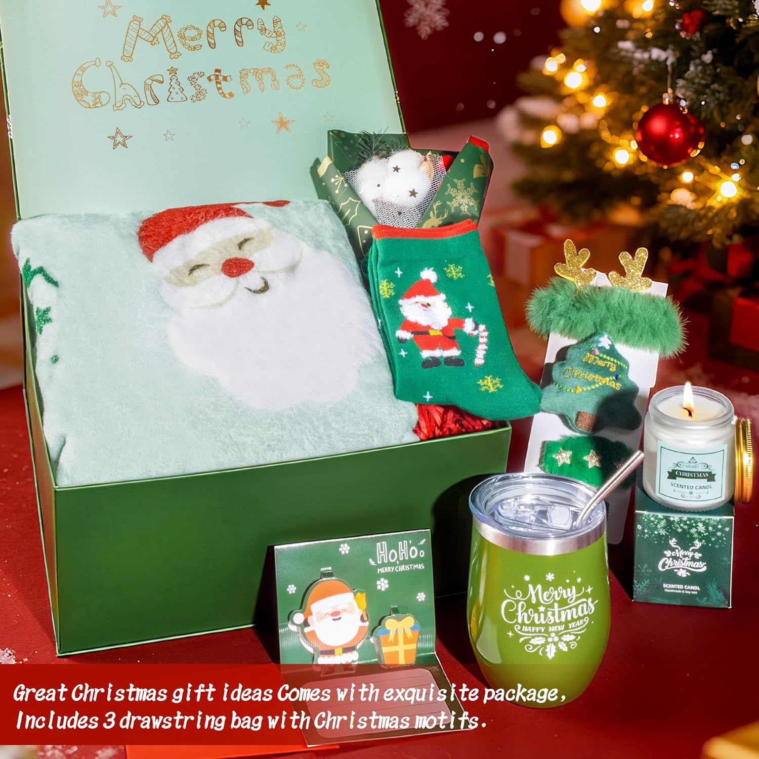 Christmas Basket Gifts for Women 2025, Unique Holiday Cheer Gift for Women with Flannel Blanket and Insulated Tumbler, Merry Christmas Basket Gift for Mom, Wife, Friend, Green