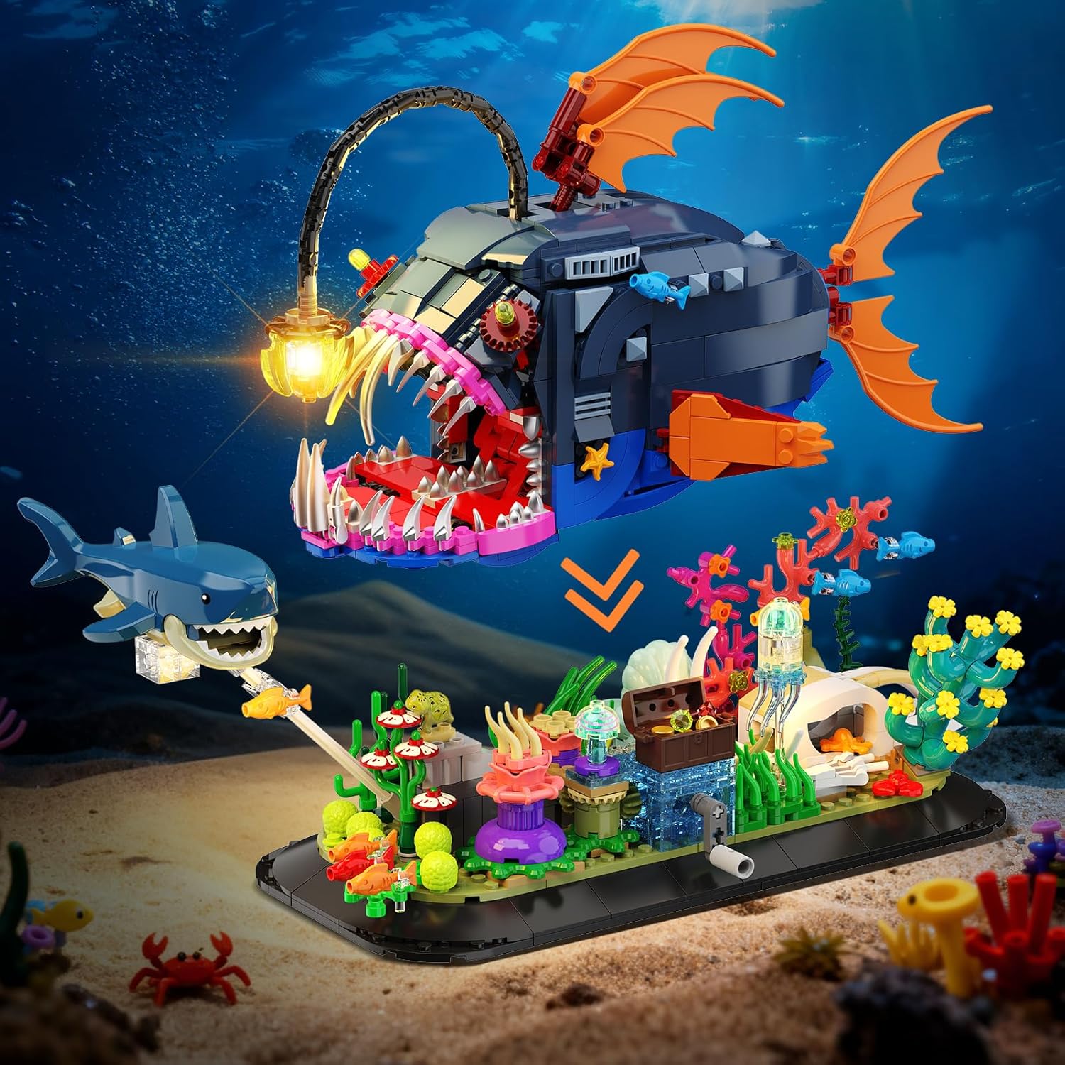 INSOON Mechanical Angler Fish Building Set with Lights, Movable Lantern Fish Building Blocks Toy with Shark Jellyfish, 1139 PCS Ocean Animal Building Kit, Home Decor Gift for Adults Teens Boys 12+