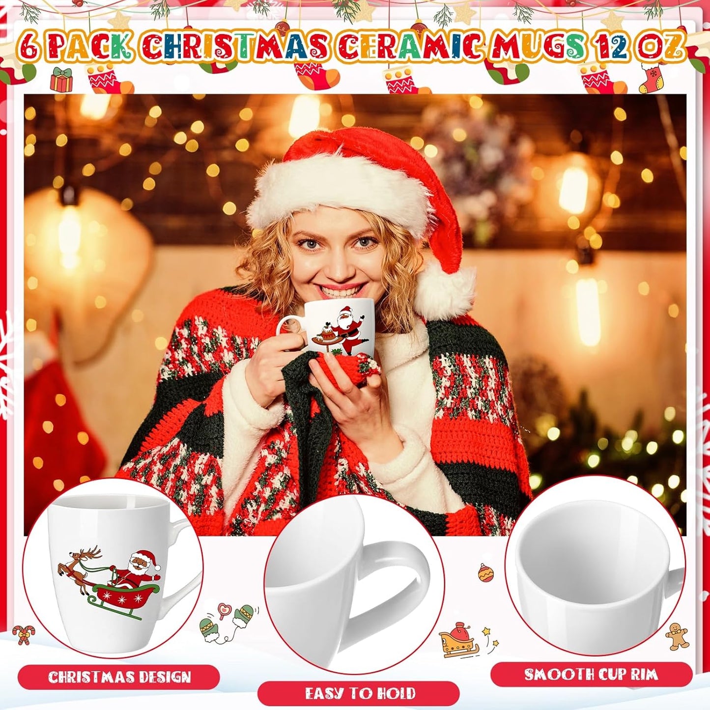 Shellwei 6 Pack Christmas Coffee Mugs 11 oz Holiday Ceramic Mugs Set Xmas Tea Cups with Handles Bulk Reusable Ceramic Coffee Cups for Women Men Teachers Appreciation Christmas Gifts(Funny)