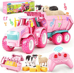 Funwee RC Farm Tractor Toy w/Light & Music, Kids Trailer Toy w/Front Loader & Farm Animal, 2.4GHz RC Tractor Truck Car for Boys & Girls, Toddler Vehicle Playset Age 3-8+ Year Old Gifts (Pink)