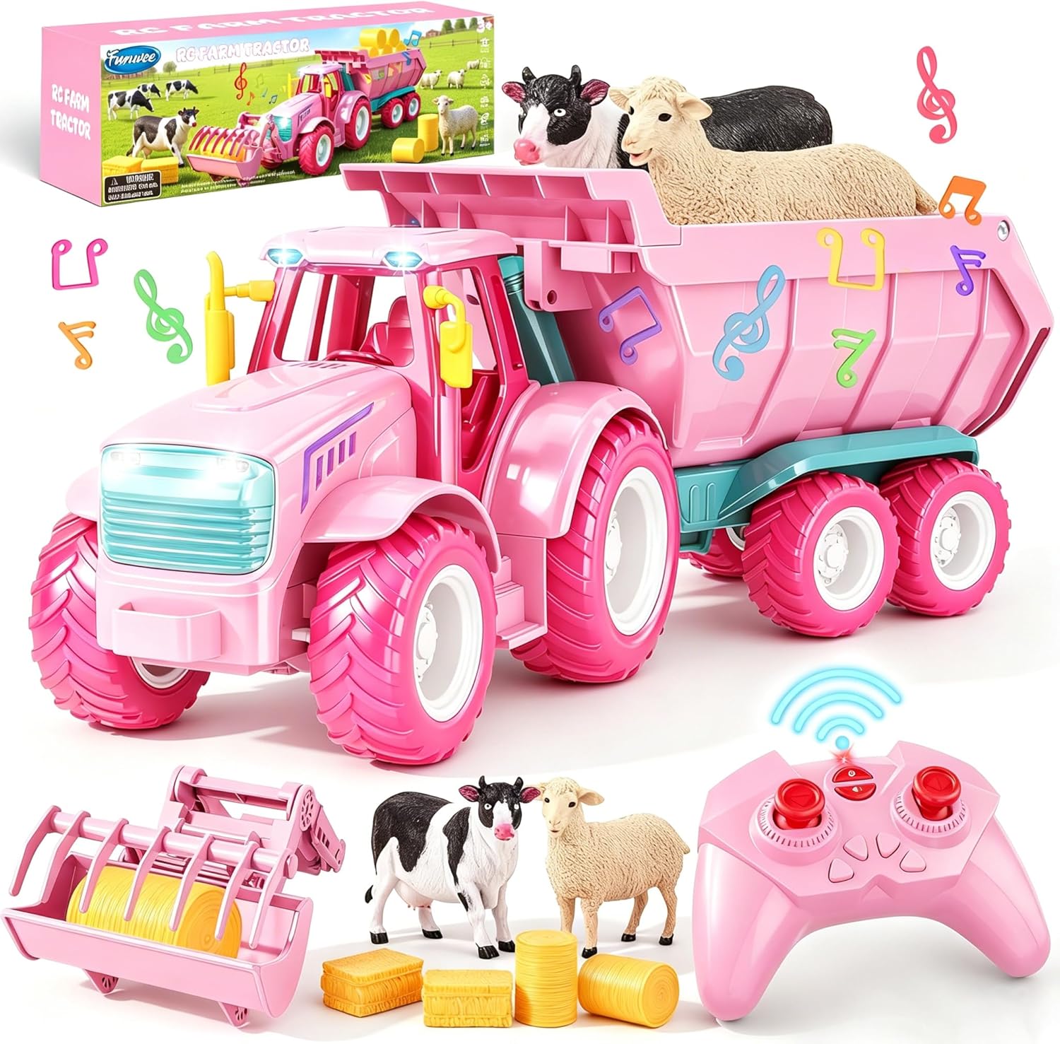Funwee RC Farm Tractor Toy w/Light & Music, Kids Trailer Toy w/Front Loader & Farm Animal, 2.4GHz RC Tractor Truck Car for Boys & Girls, Toddler Vehicle Playset Age 3-8+ Year Old Gifts (Pink)