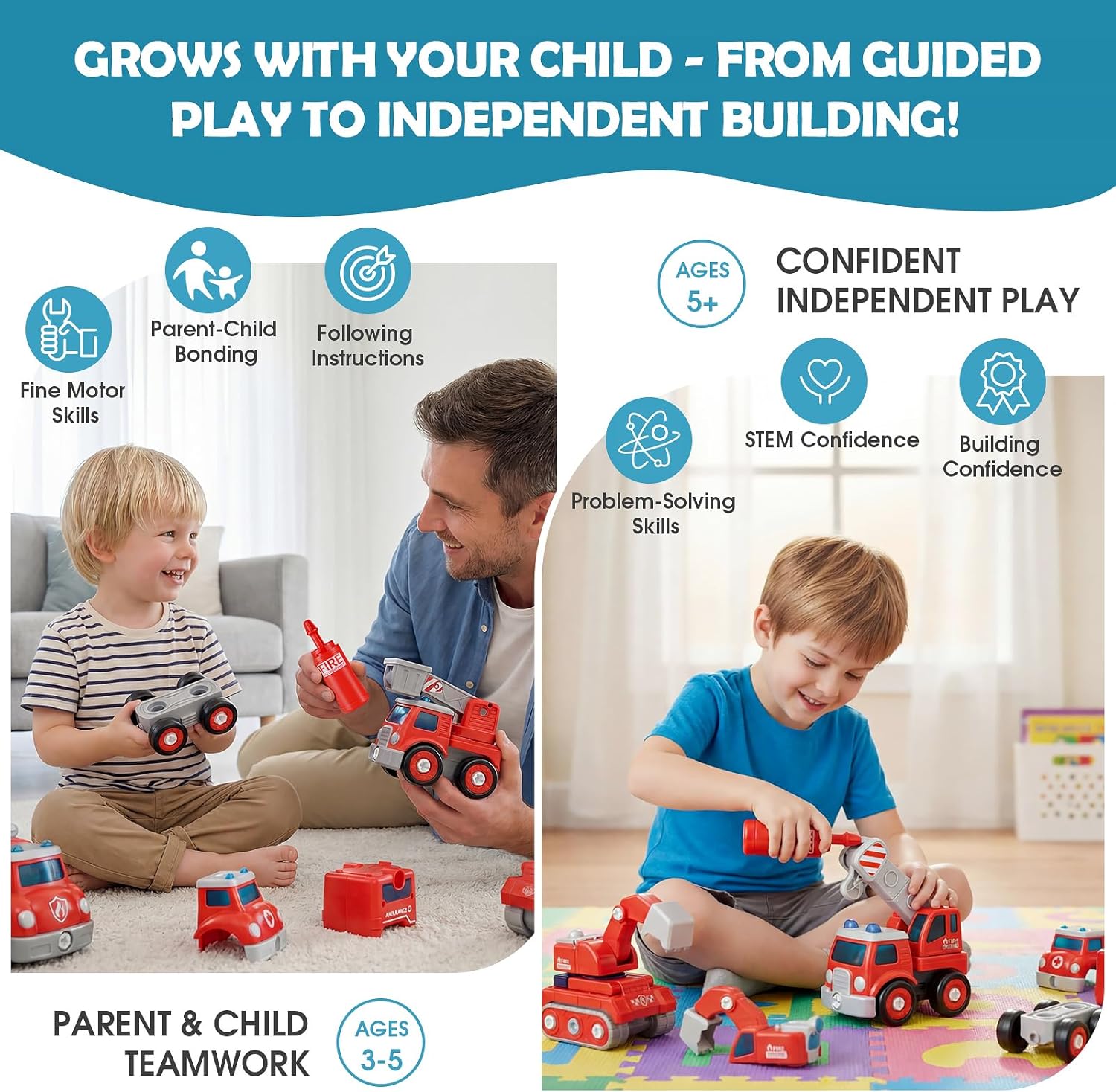Baobrava 3 4 5 6 Year Old Boy Birthday Gift, 5-in-1 Take Apart Fire Truck Toys, Transformers Robot Toys for Boys 3-8, STEM Montessori Drill Screw Set, Creative Educational Construction Gifts