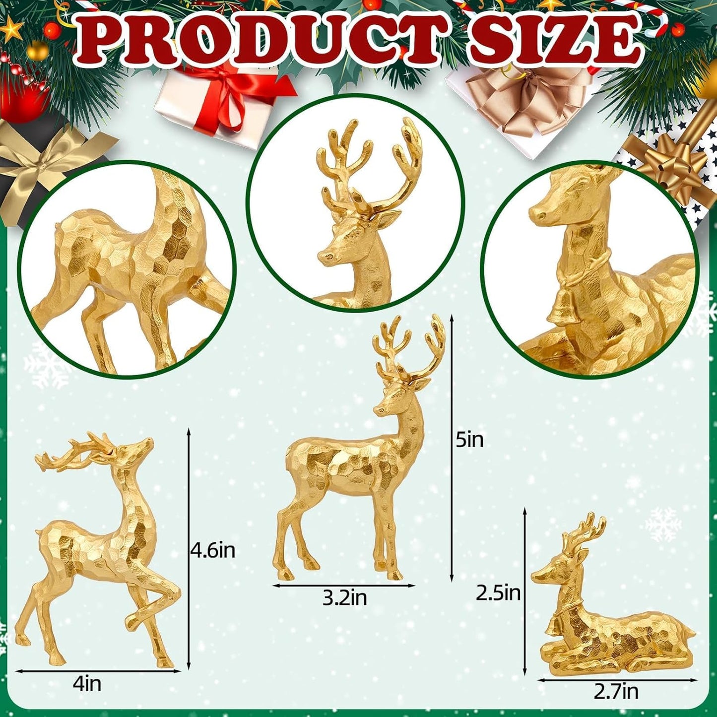 Exasinine 3 PCS Gold Reindeer Decor Christmas Figurines for Xmas Holiday Indoor Decorations Family Reindeer Christmas Decor for Centerpieces Ornaments Tabletop Mantle Decorations Home Office
