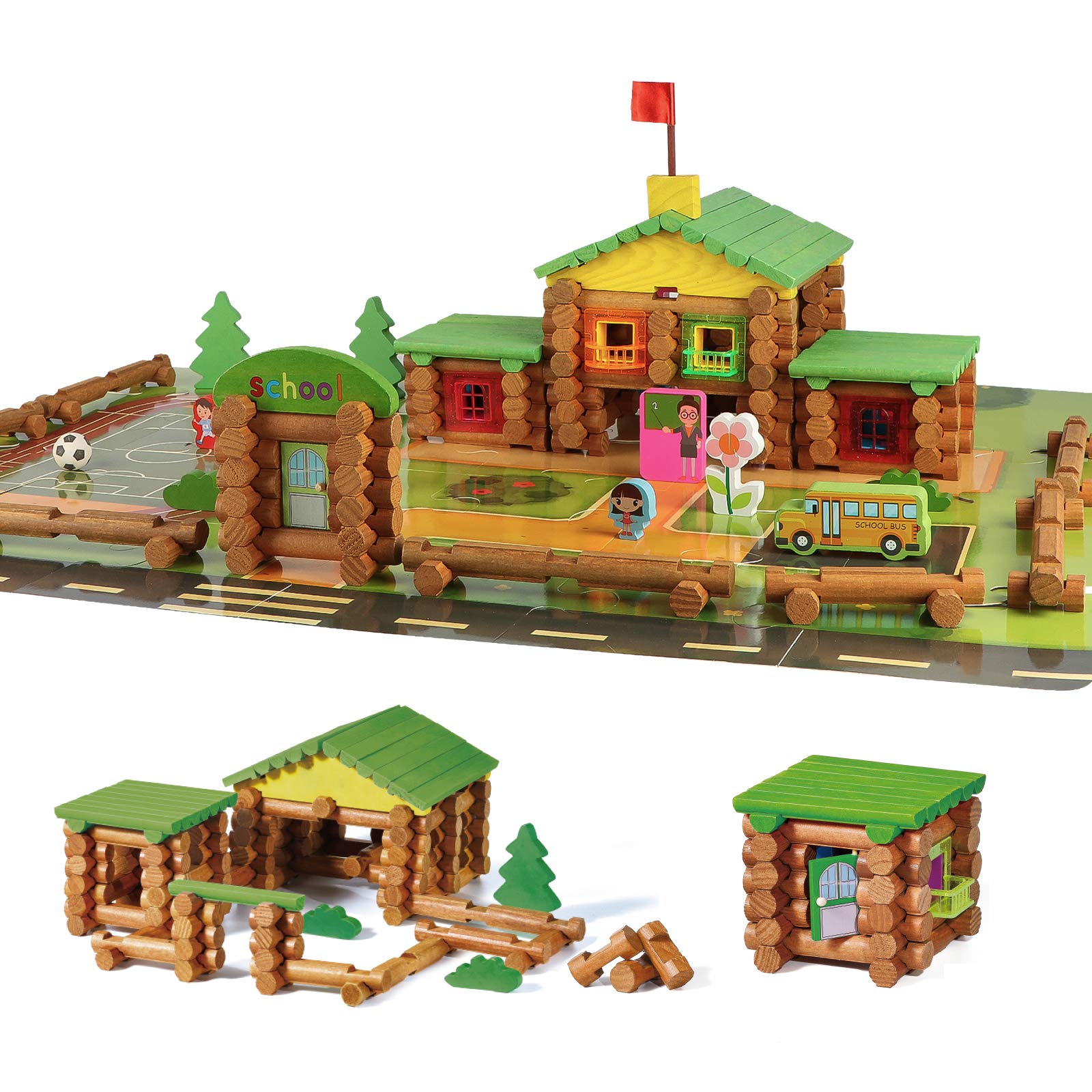 Wondertoys 530 Pcs Wooden Logs Set Ages 3+, Classic Building Log Toys for Kids, Creative Construction Engineering Educational Gifts