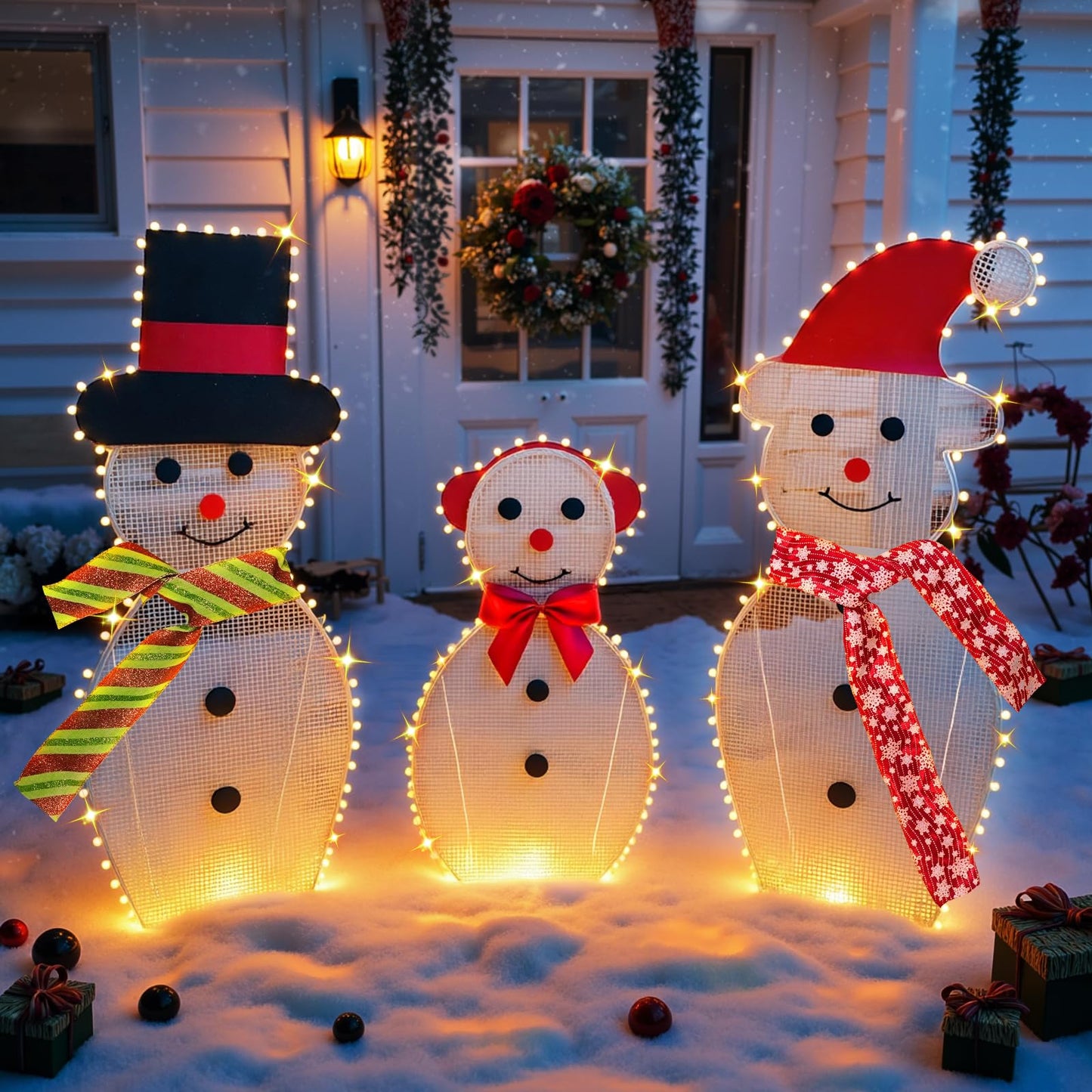 [Decoraciones navideñas de renos de 3 piezas para exteriores] Familia de ciervos iluminados en 2D con 260 luces LED. Decoración duradera para patio, césped, jardín, color blanco