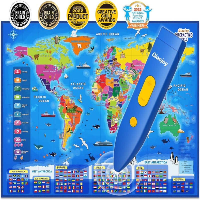 Bilingual Interactive World Map for Kids Learning and Educational Toys, Talking Electronic Kids World Map i-Poster Geography Games Ages 3 to 12 Years Old, Custom Talking Birthday Gifts Card