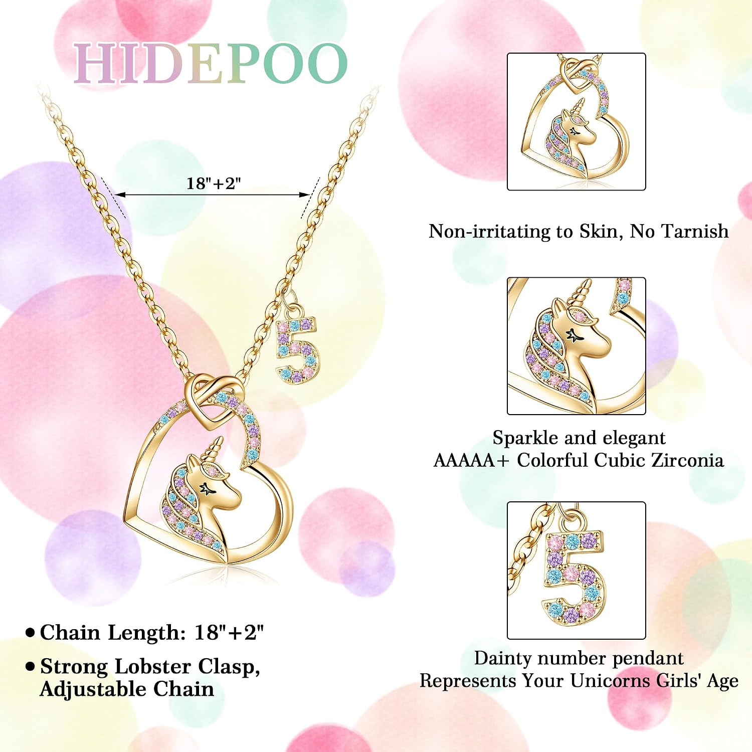 Hidepoo Birthday Gifts for Kids Girls - Unicorn Necklace Unicorns Gifts for Girls Birthday Gift for 3-10 Year Old Girl Colorful CZ Heart Pendant Unicorn Necklace Jewelry Gift