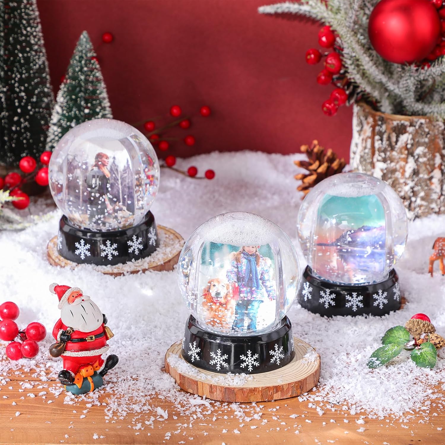Christmas Photo Snow Globe with Base Snow Globe Photo Frame Clear Plastic Snow Water Globe Picture Frame Christmas Crafts Double Sided Display for Xmas Home Decoration Gift(3 Pcs)