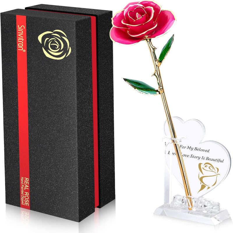 Sinvitron Gold Dipped Infinity Rose Forever Flower Decor, Resin Preserved Real Rose Birthday Gift for Women, Anniversary Present for Mom (Rose Red)