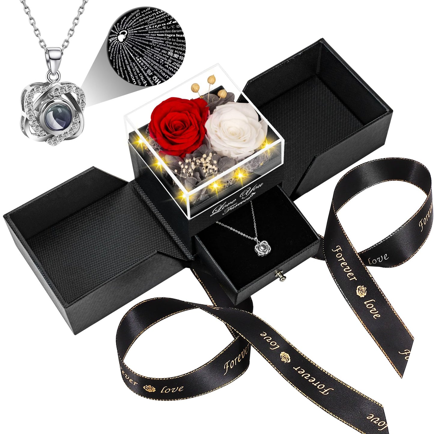 Preserved Red Real Rose with Heart I Love You Necklace -Eternal Flowers Rose Birthday Gifts for Women Her Mom Wife Girlfriend Grandma on Valentines Mothers Day Christmas Anniversary Romantic-Red